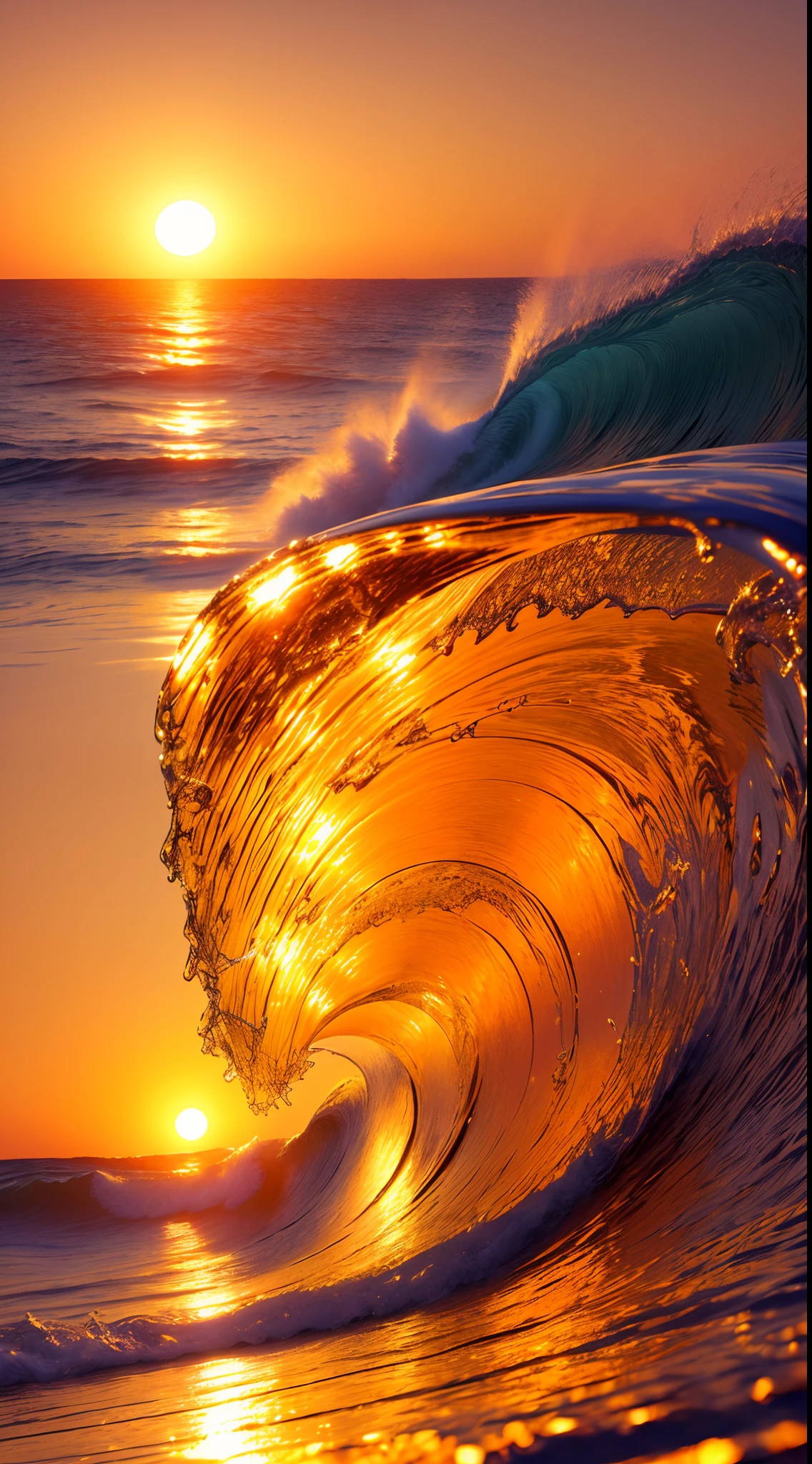 Masterpiece, best quality, (8k very detailed CG unit wallpaper) (best quality), (best illustration), (best shadows) a golden sea wave, bright orange aol sunset through the wave, golden droplets flying, (:1.6)