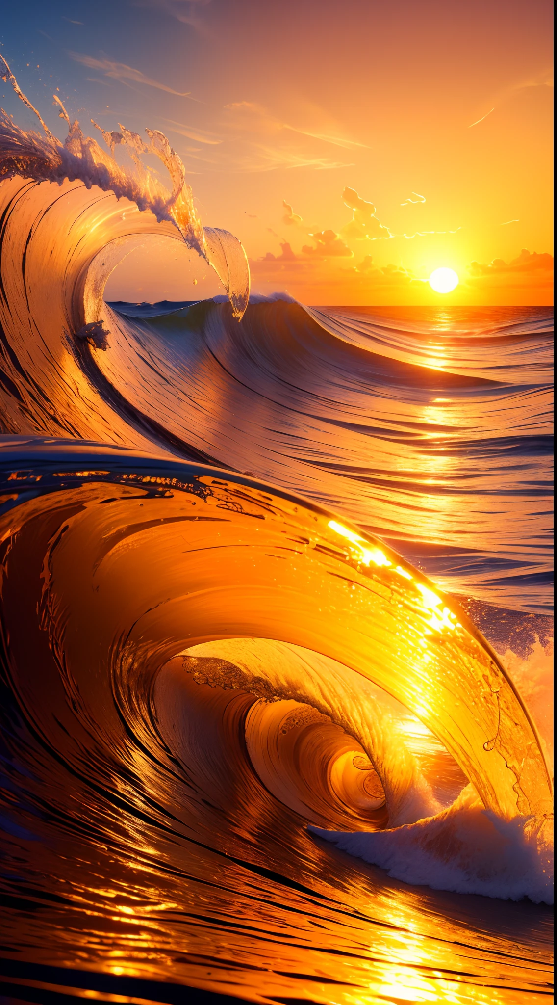 Masterpiece, best quality, (8k very detailed CG unit wallpaper) (best quality), (best illustration), (best shadows) a golden sea wave, bright orange aol sunset through the wave, golden droplets flying, (:1.6)