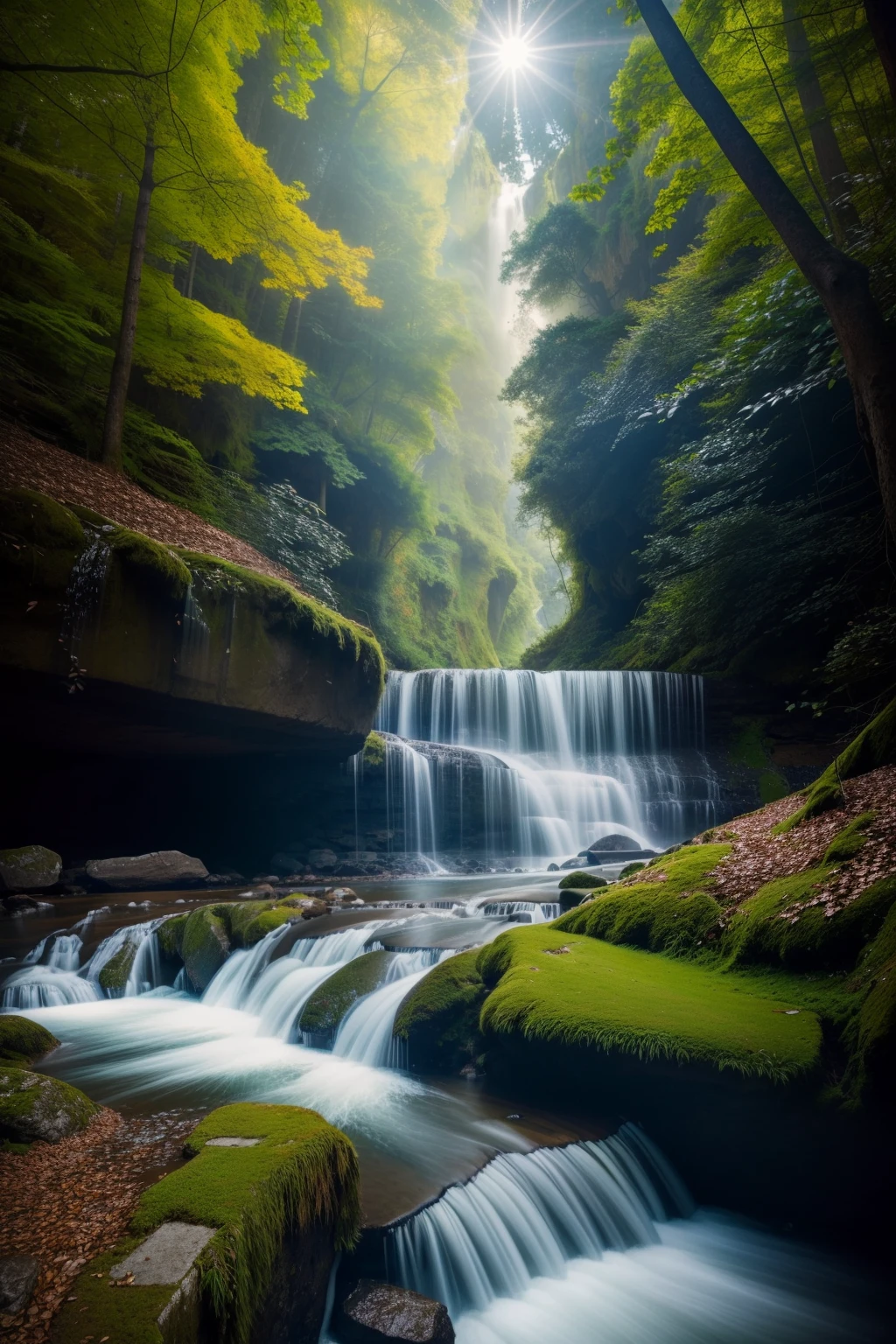 photography of a breathtaking scenery, cascading waterfalls, harmony of nature, photorealistic, soft pastel colours, intricate, path tracing, illustration, insanely detailed, shadow mapping volumetric light, dramatic lighting, award winning photography