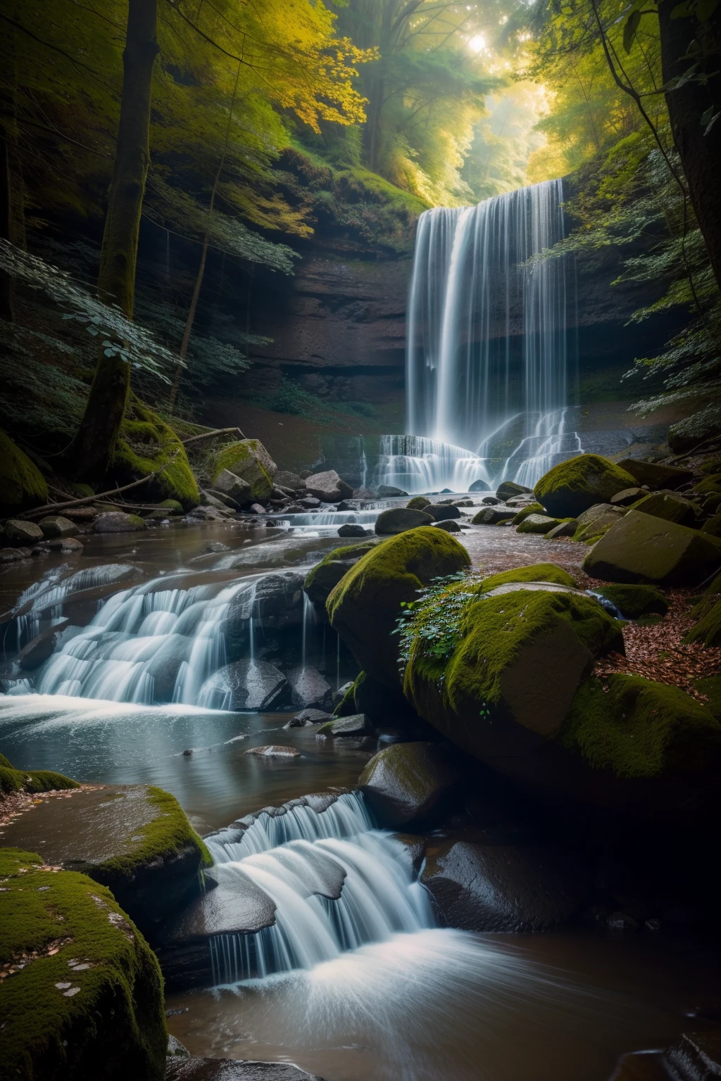 photography of a breathtaking scenery, cascading waterfalls, harmony of nature, photorealistic, soft pastel colours, intricate, path tracing, illustration, insanely detailed, shadow mapping volumetric light, dramatic lighting, award winning photography