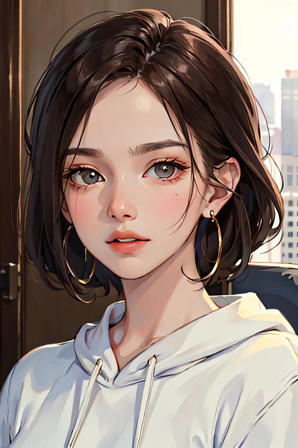(masterpiece:1.2, Top Quality), (Real Pictures, intricated details), Solo, 1Middle-aged woman, close-up face, sweatshirt, (Front Focus), Big round earrings, Looking at me, bangss, office