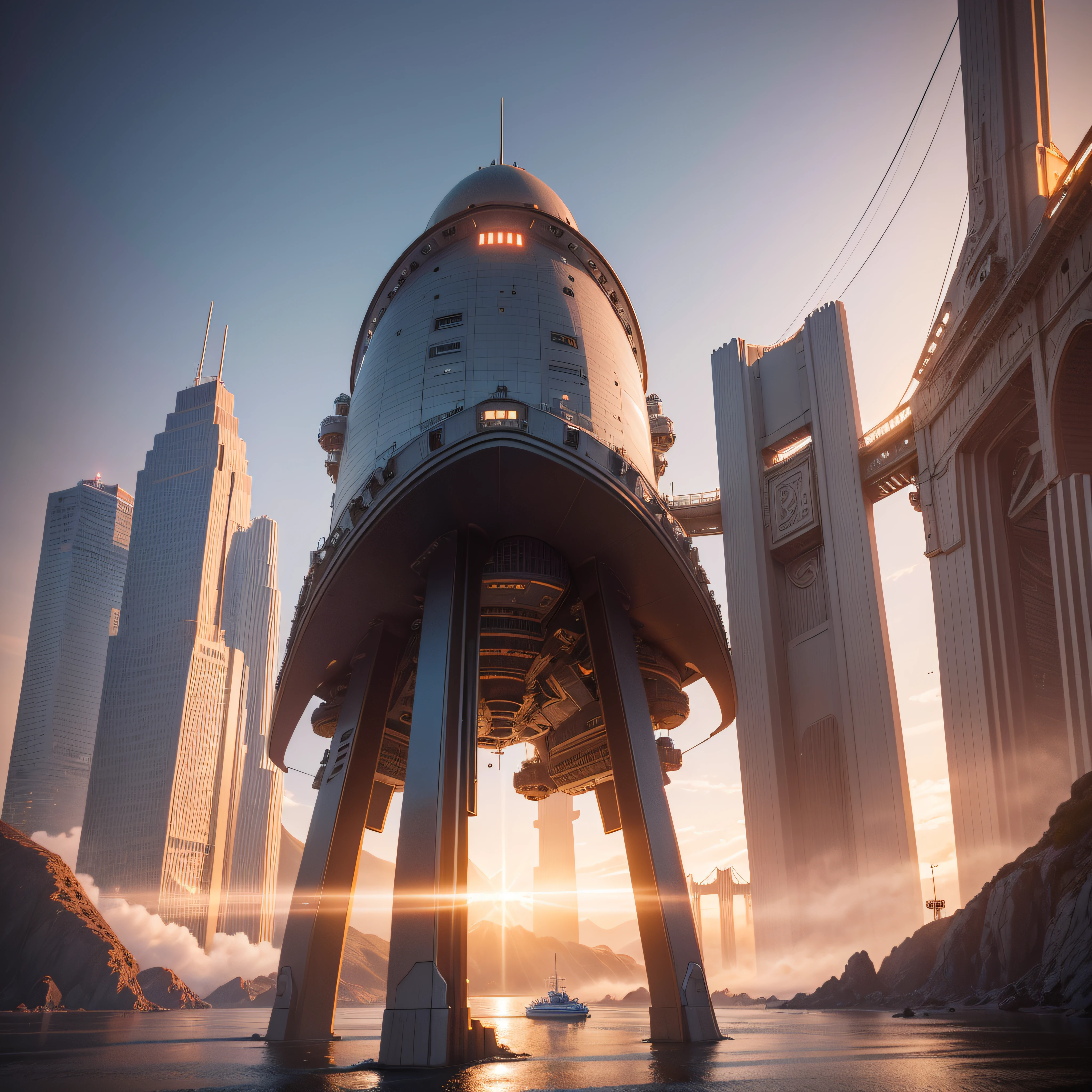 A space ship landing in San Francisco California Large UFO aliens coming out ready for contact of the first type, the golden gate bridge in the background 3 d render character art 8 k, octane trending on cgsociety, cyberpunk art ultrarealistic 8k, octane cgsociety, made in unreal engine 5, (best quality,ultra - detailed, Illustration,Best shadow,masterpiece,A high resolution,professional artwork,famous artwork