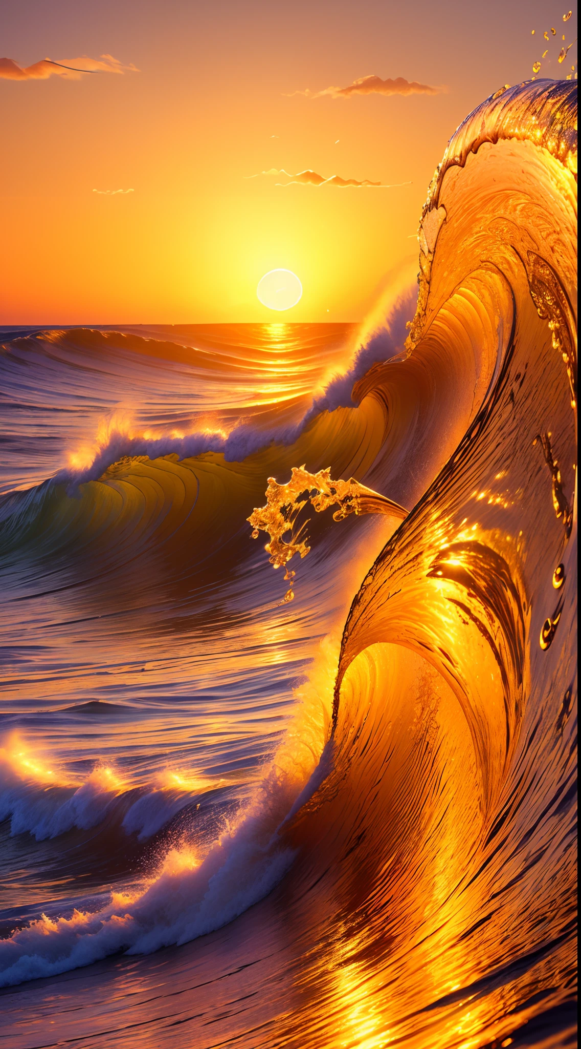 Masterpiece, best quality, (8k very detailed CG unit wallpaper) (best quality), (best illustration), (best shadows) a golden sea wave, bright orange aol sunset through the wave, golden droplets flying, (:1.6)