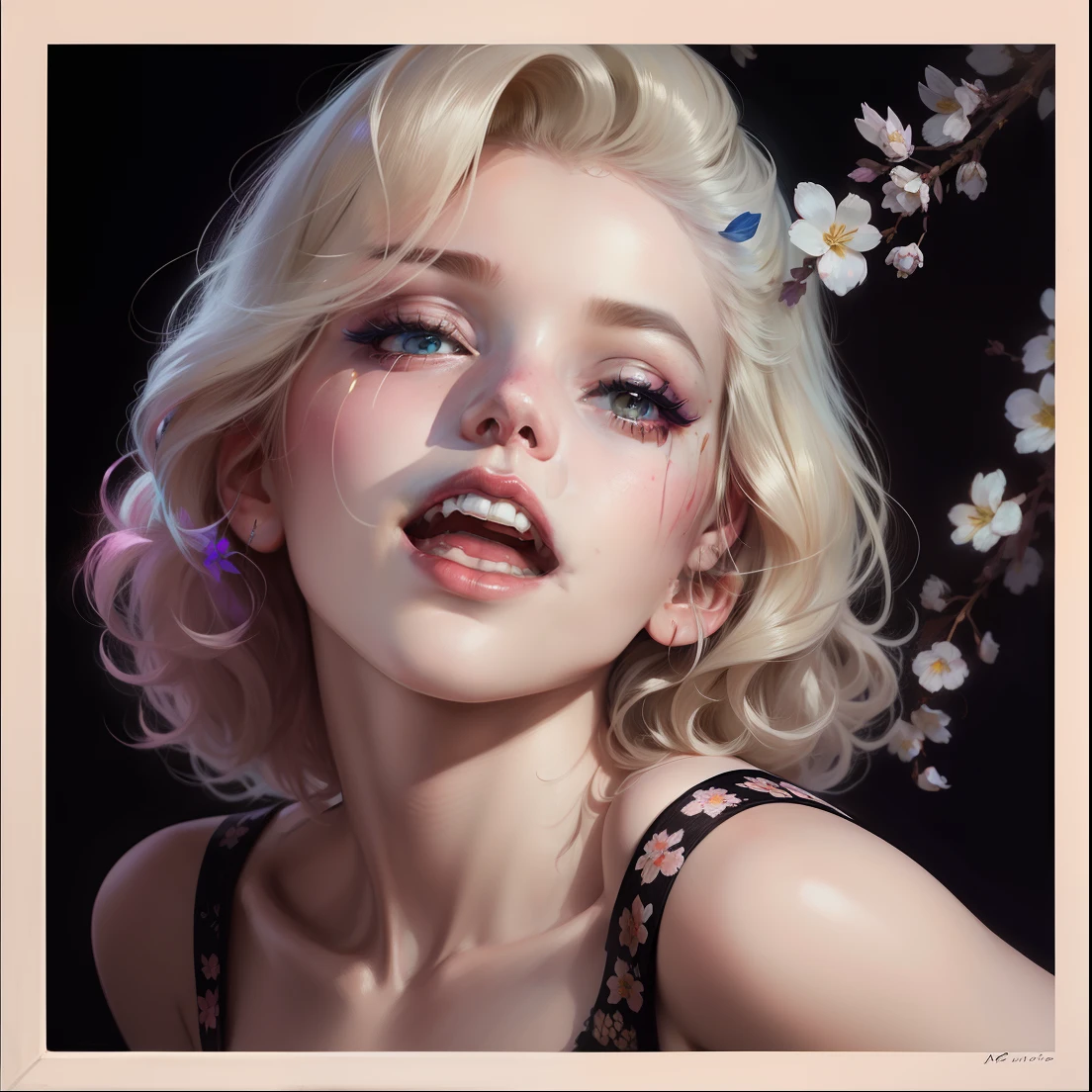 Agnes Cecile(Agnes Cecile)Marilyn Monroe(MSE Marilyn Monroe)A painting,1 girl, Solo,Face in a bush of flowers, Luminous design, pastelcolor, Mute Color, ink dripping, Autumn lights, Create digital artwork in the Pop Art style, Featured as a woman who is energetic and confident,Bold makeup and colorful fashion, The hair is covered with flowers, Movie color scheme, Surrounded by abstract flower patterns,Flower back, Vibrant brushstrokes, Emotions should be dynamic.