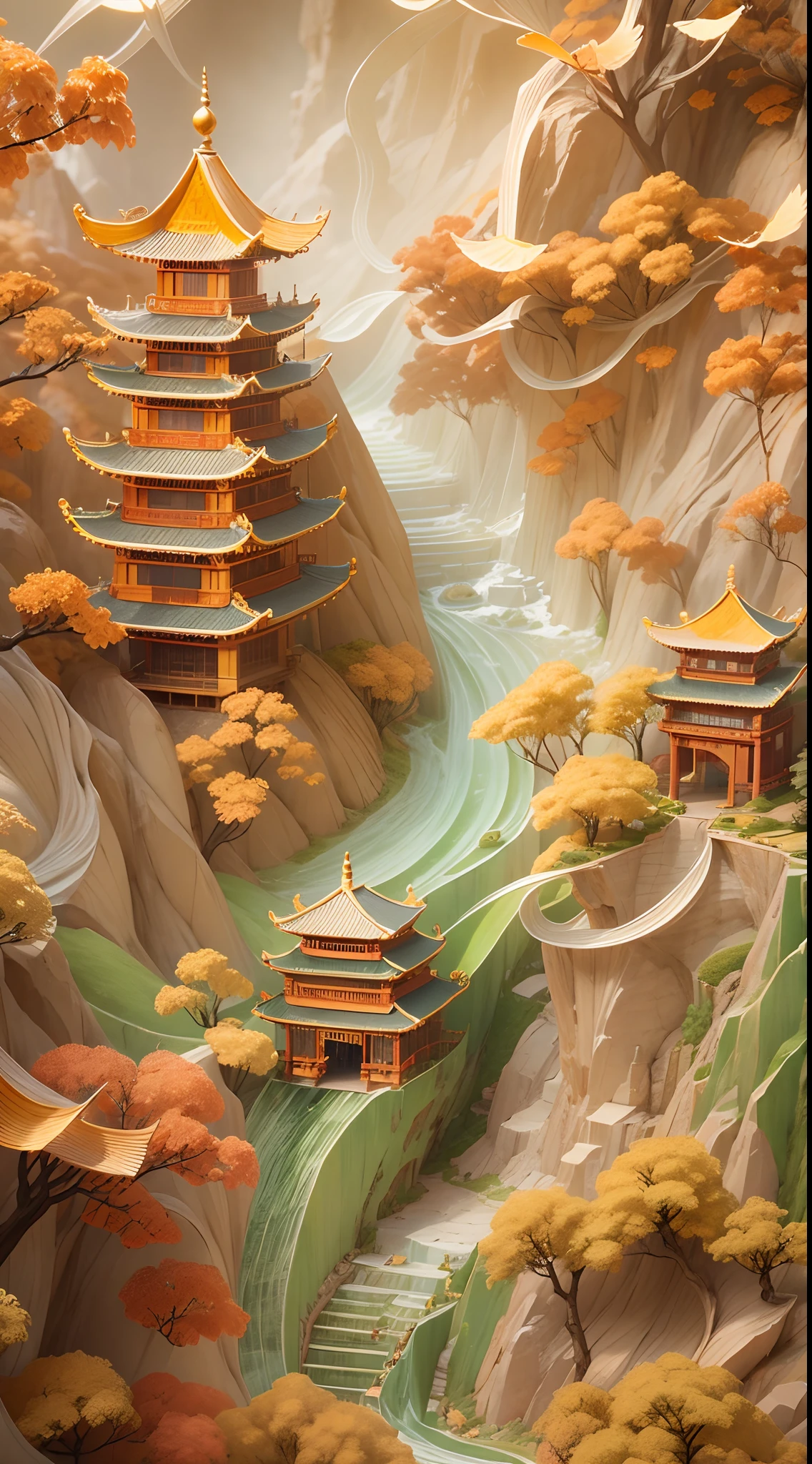 Jade，Gilded mountains，（Paper carving：1.5），Tilt-Shift，（Cloud fog：1.3），viewed from bird's-eye，Soft lighting，Oriental elements，Dreamy，white colors，golden colored，Traditional Chinese color scheme，reasonable design，Clear lines，High sharpness，Best quality，Very detailed，Masterpiece，offcial art，movie light effect，4K
