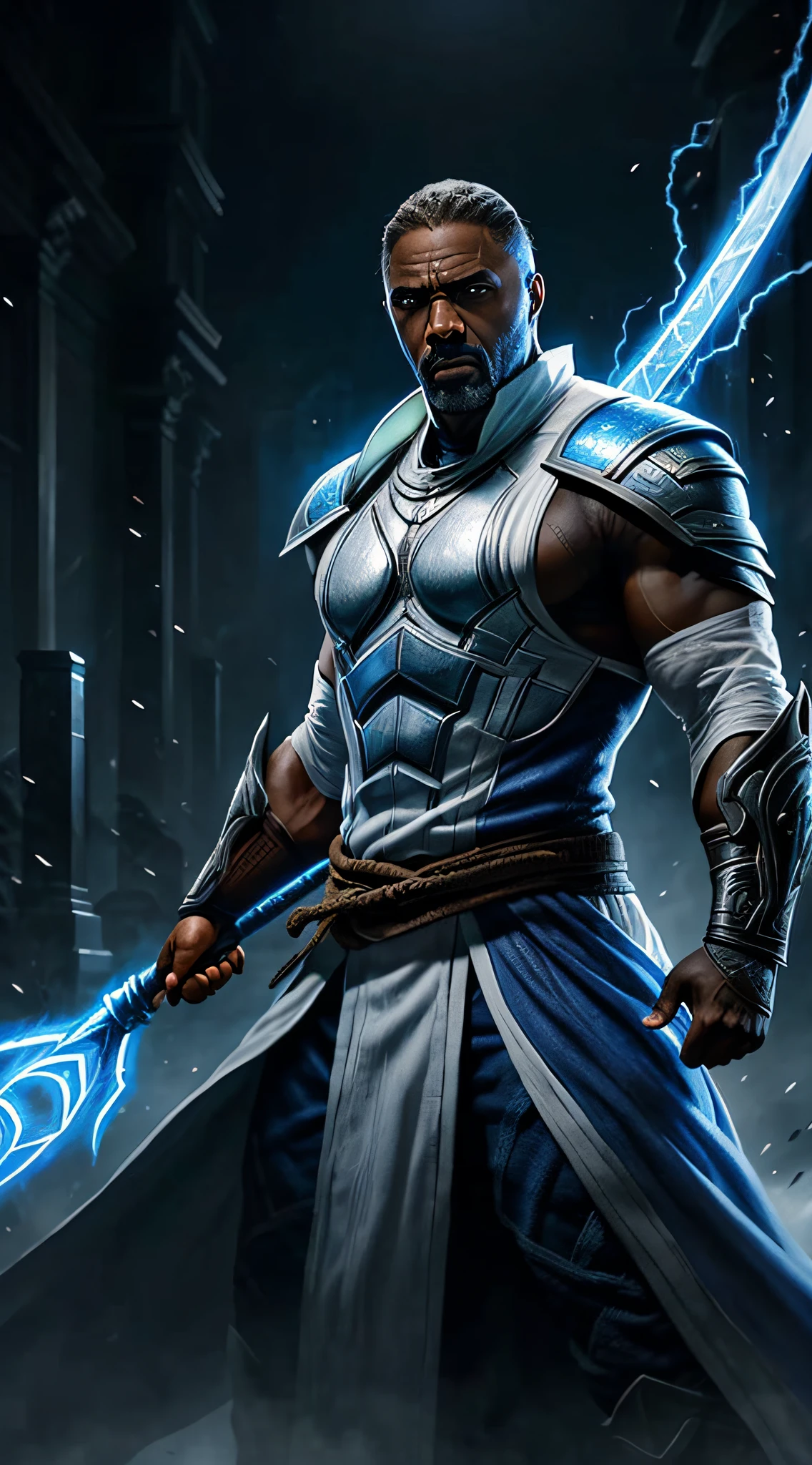 actor ((Idris Elba)) as Raiden, Mortal Kombat, wears white robe, a vietnamese hat, glowing blue eyes, wields staff, God of Thunder, protector of Earthrealm, intricate, high detail, sharp focus, dramatic, photorealistic painting art by greg rutkowski