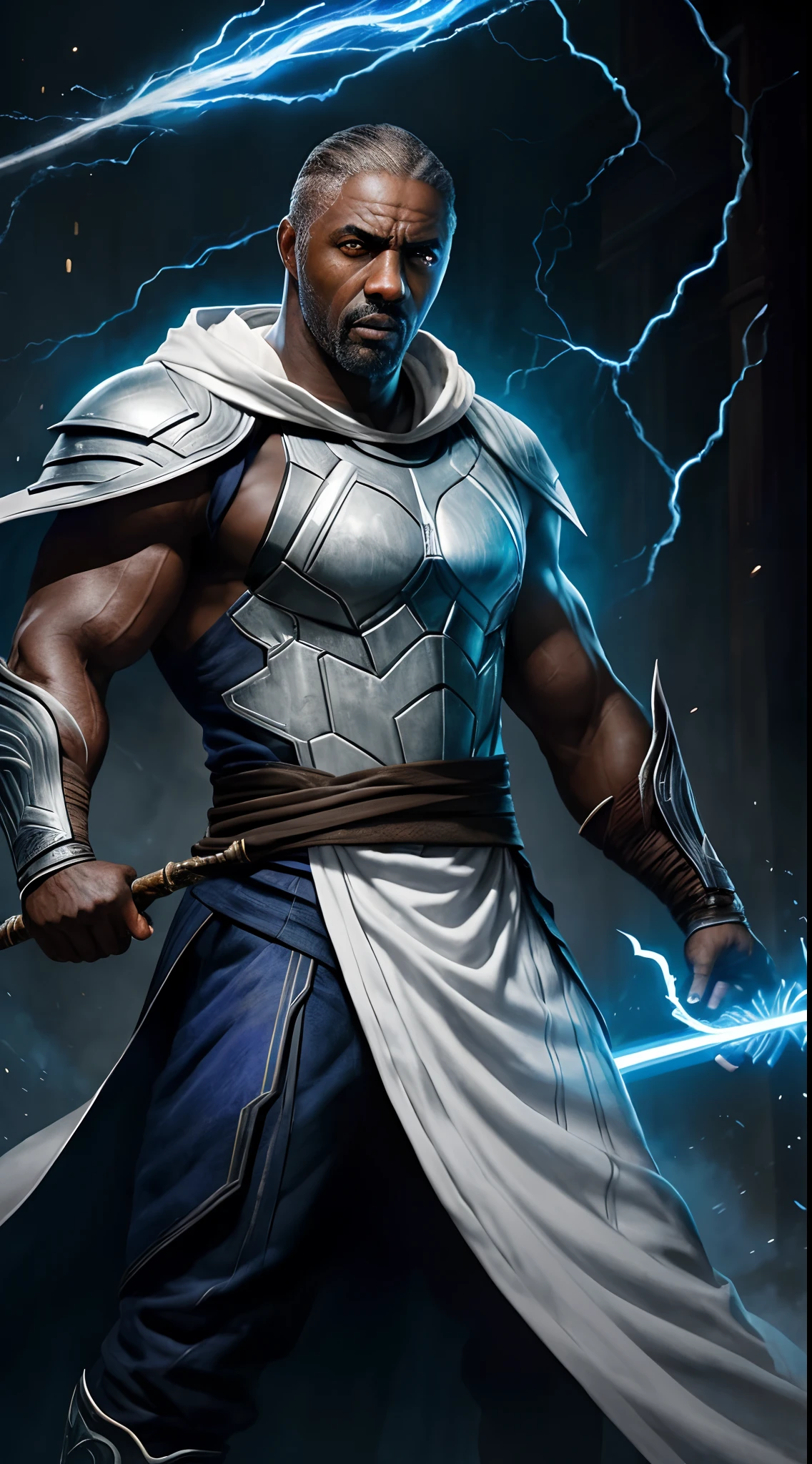 actor ((Idris Elba)) as Raiden, Mortal Kombat, wears white robe, a vietnamese hat, glowing blue eyes, wields staff, God of Thunder, protector of Earthrealm, intricate, high detail, sharp focus, dramatic, photorealistic painting art by greg rutkowski