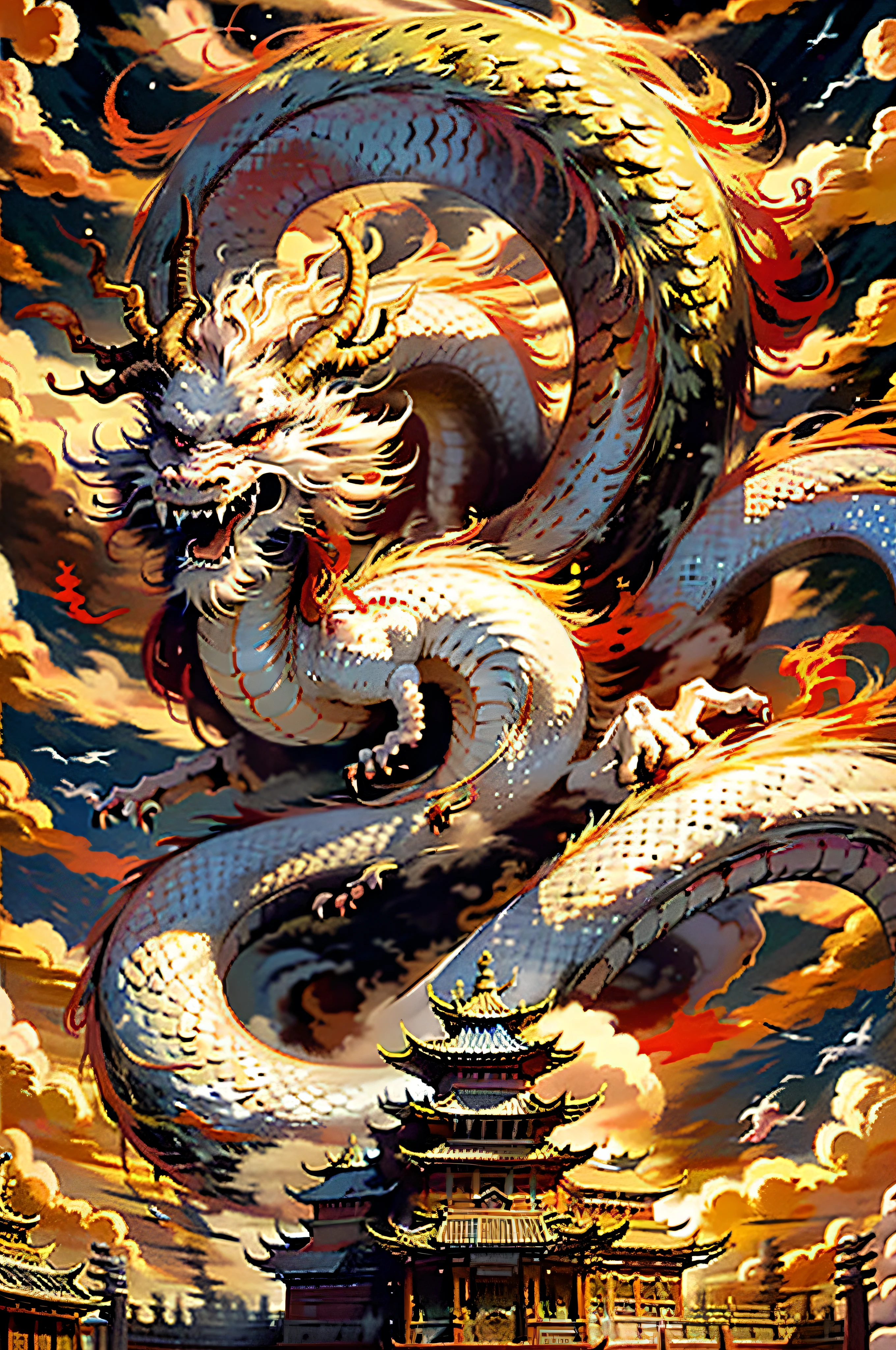 Best quality at best,tmasterpiece,超高分辨率,without humans,(The long:1.2),without humans,clouds,buliding,east asian architecture,red eyes,banya,with her mouth open,Skysky,Fang,Golden Oriental Dragon,mostly cloudy sky,teeth,flight,firey,