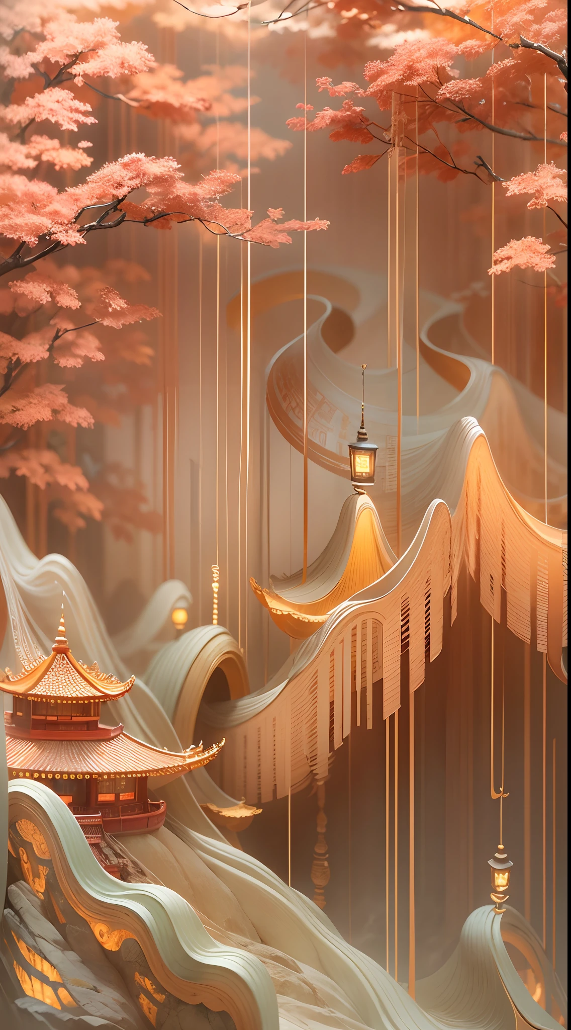 Jade，Gilded mountains，（Paper carving：1.5），Tilt-Shift，（Cloud fog：1.3），viewed from bird's-eye，Soft lighting，Oriental elements，Dreamy，white colors，golden colored，Traditional Chinese color scheme，reasonable design，Clear lines，High sharpness，Best quality，Very detailed，Masterpiece，offcial art，movie light effect，4K