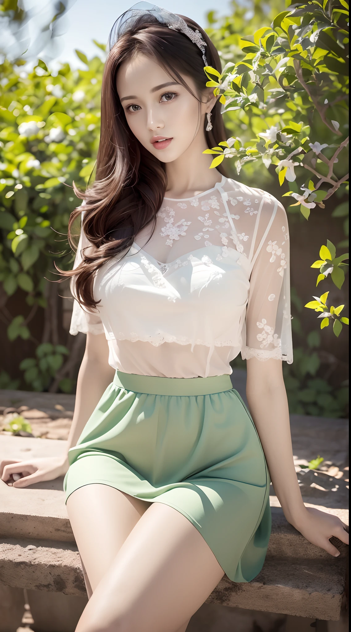 (Best quality,4K,8K,A high resolution,Masterpiece:1.2),Ultra-detailed,(Realistic,Photorealistic,photo-realistic:1.37),3d model sculpture，Girl in the garden,Beautiful detailed eyes,beautiful detailed lips,Extremely detailed eyes and face,Blue eyes,Long eyelashes,Transparent veil,long and flowing hair,red school uniform,Elegant white lace skirt,Sit gracefully on the grass,black sheer stockings,Blooming flowers and lush greenery in the background,Soft sunlight casts soft shadows,Vibrant colors,Pastel yellow-green color palette,Studio lighting