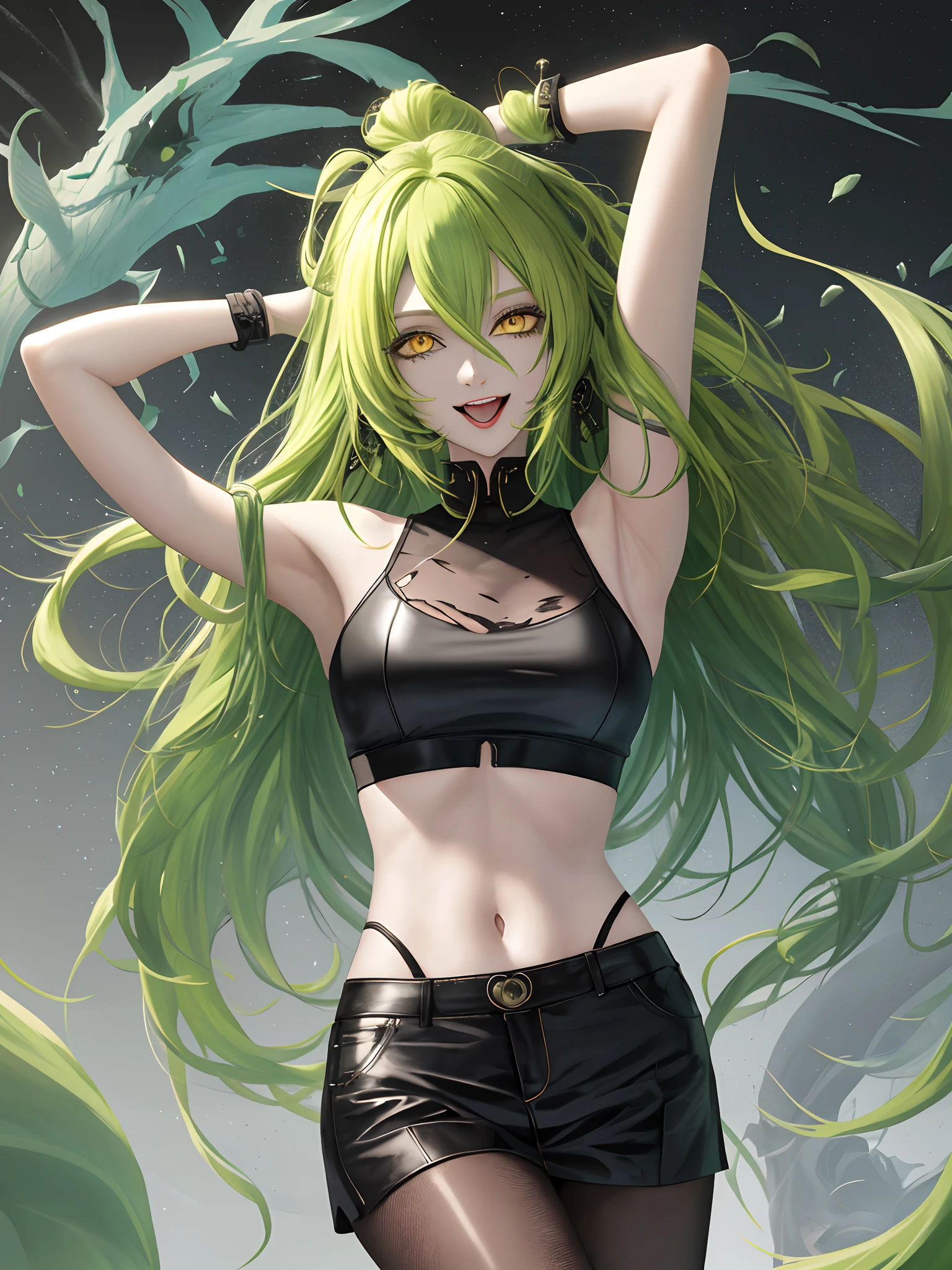tmasterpiece， Best quality at best，Highest image quality，2048 resolution， 1girll， 独奏， yellow eyes， Gradient eyes， Green hair， O cabelo multicolorido， Gradient hair， （Broken shirt）， Broken and torn pantyhose，， teardrop， Be red in the face， dreads， scream， teeth， evilsmile， ssmile， and the tongue sticks out， laughingly， with her mouth open， roll eyes， head looking up， full bodyesbian， Armpits， Arms up， （Torso grab， Tickle， mitts， Intangible limbs：1.2）， TKL