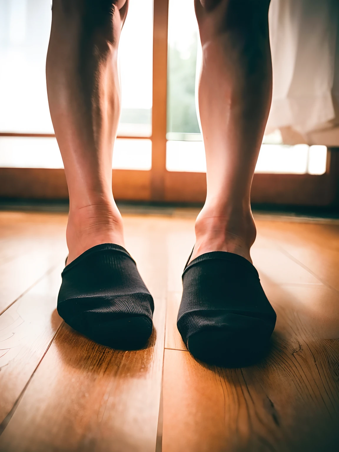 Two men standing on a wooden floor,Feet with socks, One person wears black socks,One person wears white socks,Treading each other's feet, Leg hair,Big feet,Close-up of feet