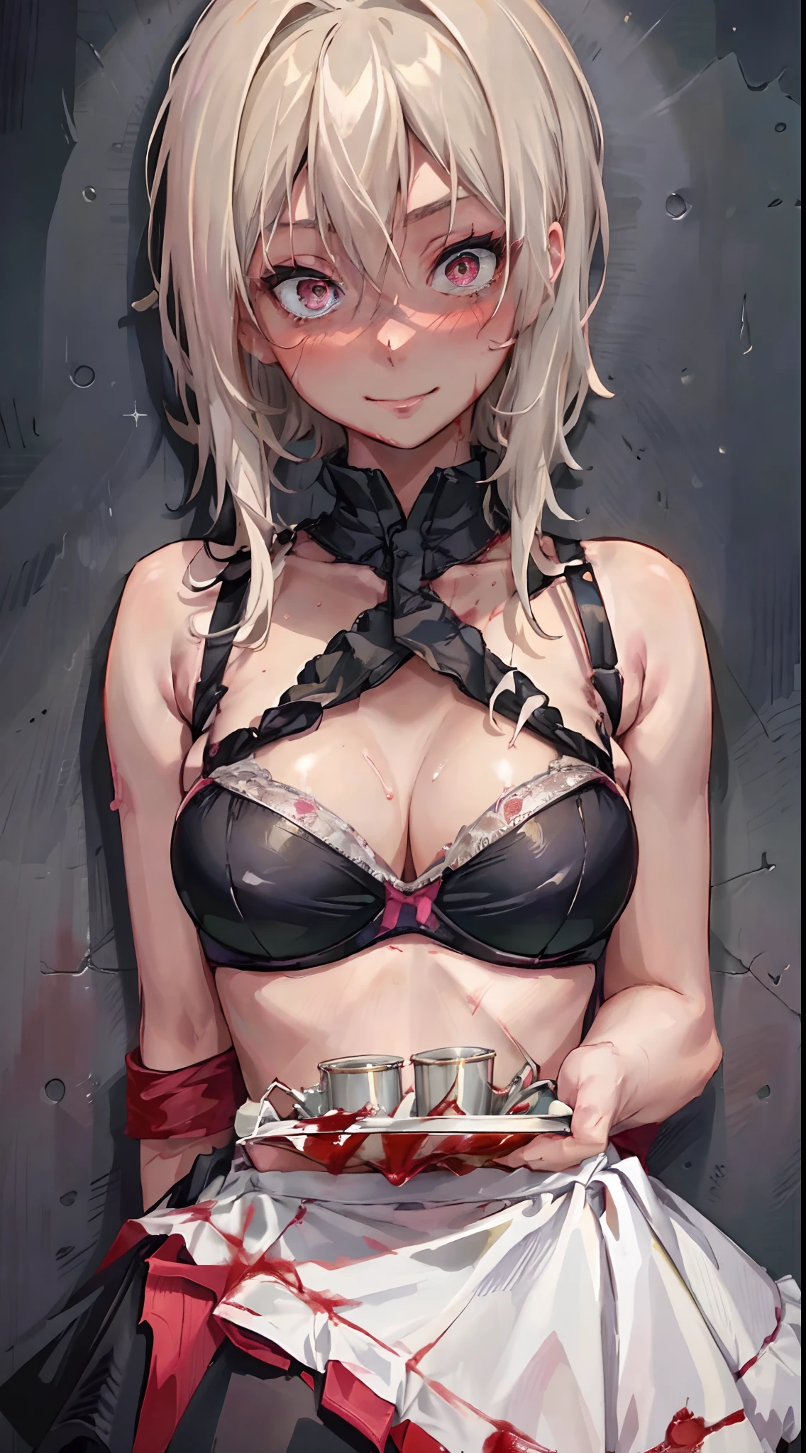 masterpiece, best quality, AliceKV4, 1girl, solo, looking at viewer, smile, anime coloring,((((upper body)))), (blushed, healthy skin), authority, (((bra))), blood on face, breasts, sadistic girl, bare shoulders, sleeveless, (constricted pupils), ((waitress, blood)), ((bdsm)), white hair, detailed eyes