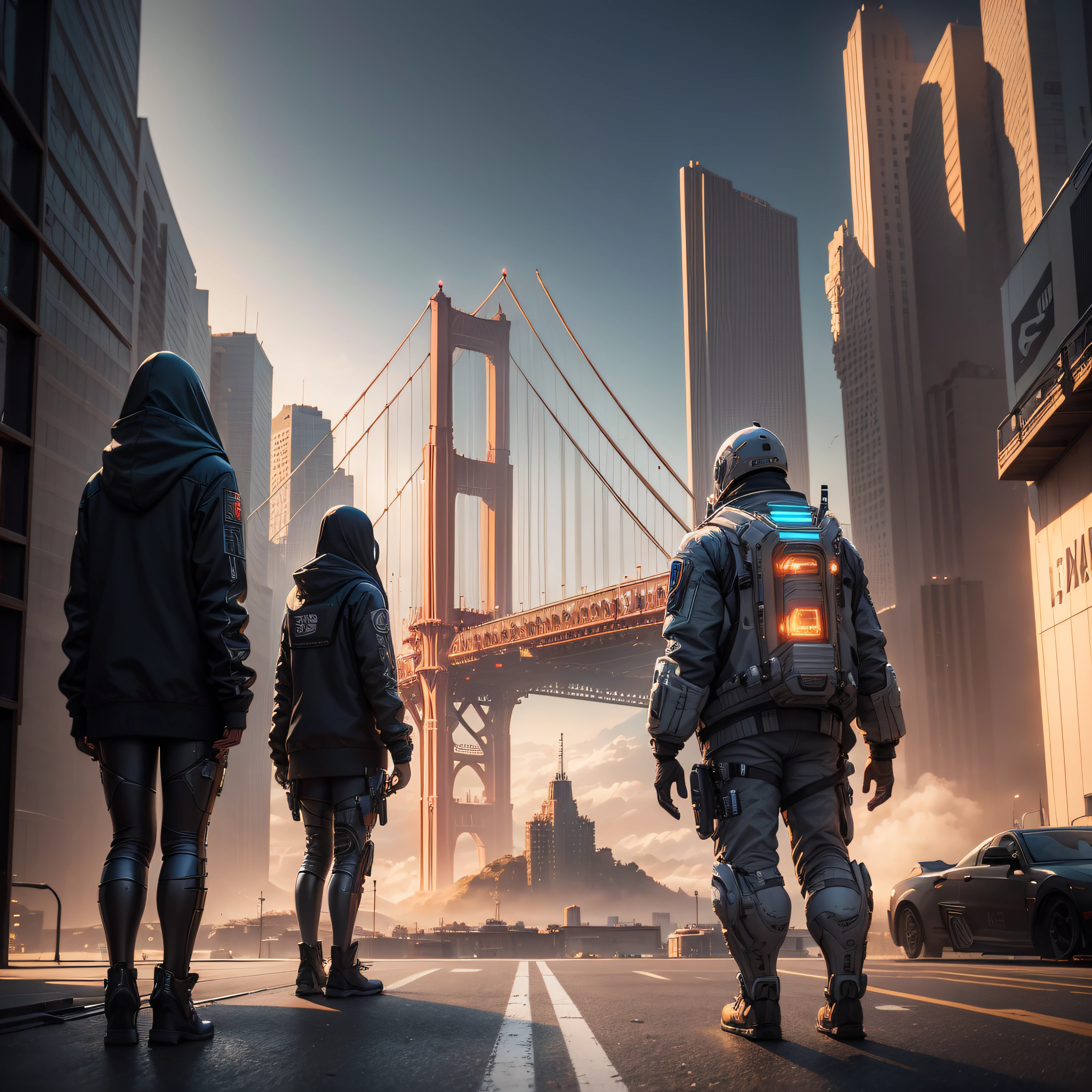 A space ship landing in San Francisco California Large UFO aliens coming out typical grays ready for contact of the first type, the golden gate bridge in the background 3 d render character art 8 k, octane trending on cgsociety, cyberpunk art ultrarealistic 8k, octane cgsociety, made in unreal engine 5, (best quality,ultra - detailed, Illustration,Best shadow,masterpiece,A high resolution,professional artwork,famous artwork