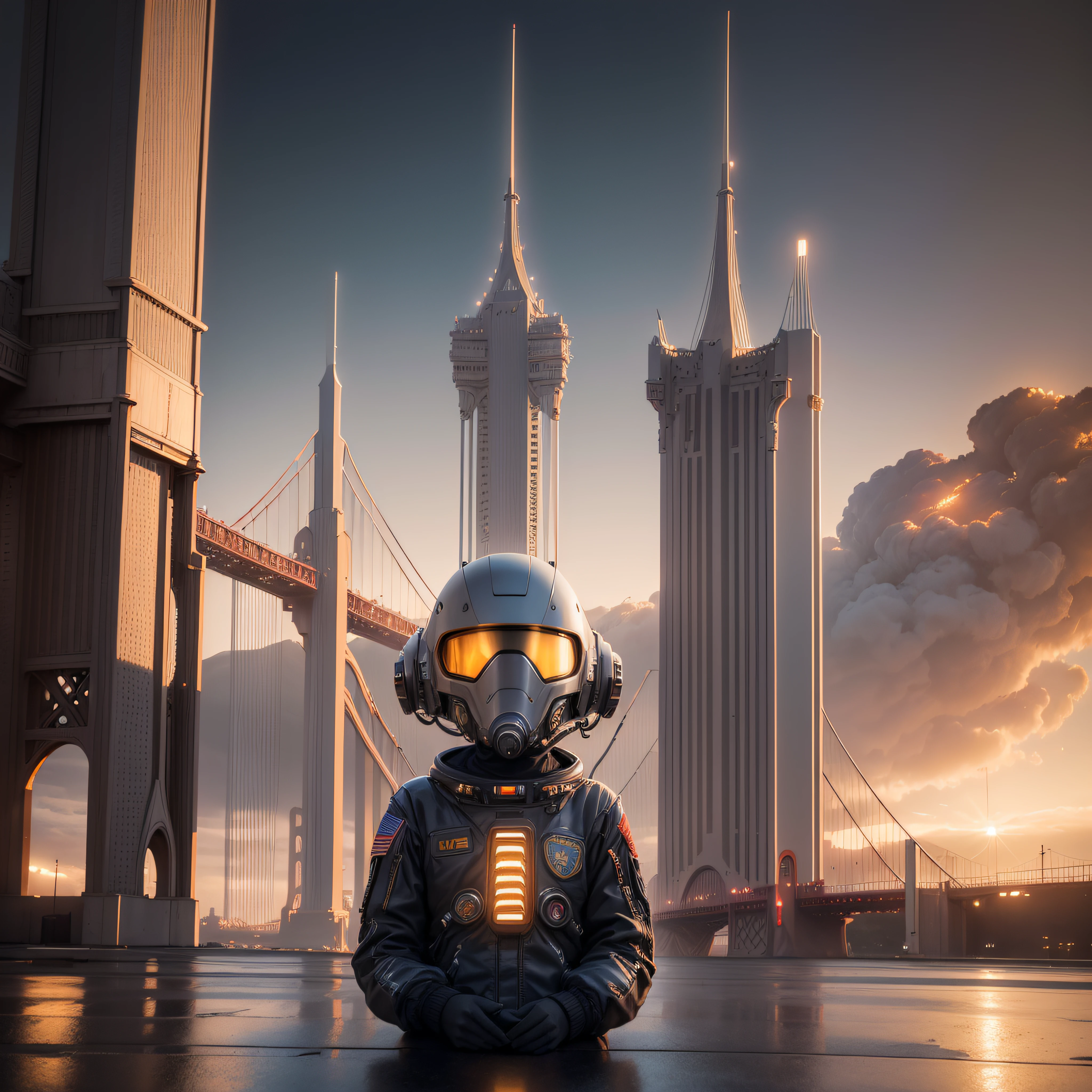 A space ship landing in San Francisco California Large UFO aliens coming out typical grays ready for contact of the first type, the golden gate bridge in the background 3 d render character art 8 k, octane trending on cgsociety, cyberpunk art ultrarealistic 8k, octane cgsociety, made in unreal engine 5, (best quality，ultra - detailed, Illustration，Best shadow，masterpiece，A high resolution，professional artwork，famous artwork