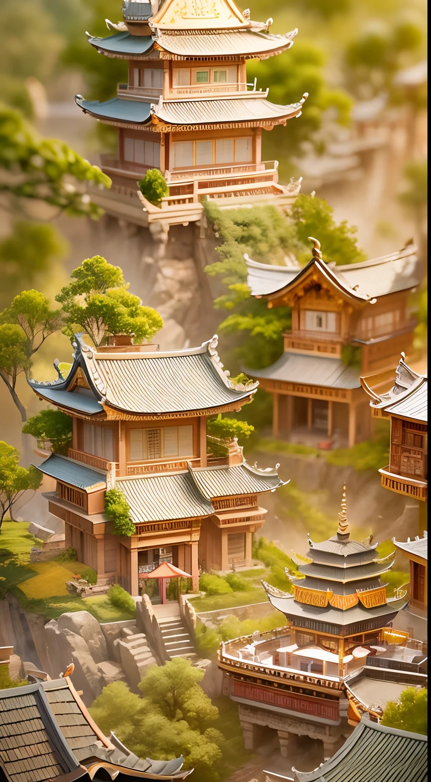 Jade,Gilded mountains,(Paper carving:1.5),Tilt-Shift,(Cloud fog:1.3),viewed from bird's-eye,Soft lighting,Oriental elements,Dreamy,white colors,golden colored,Traditional Chinese color scheme,reasonable design,Clear lines,High sharpness,Best quality,Very detailed,Masterpiece,offcial art,movie light effect,4K