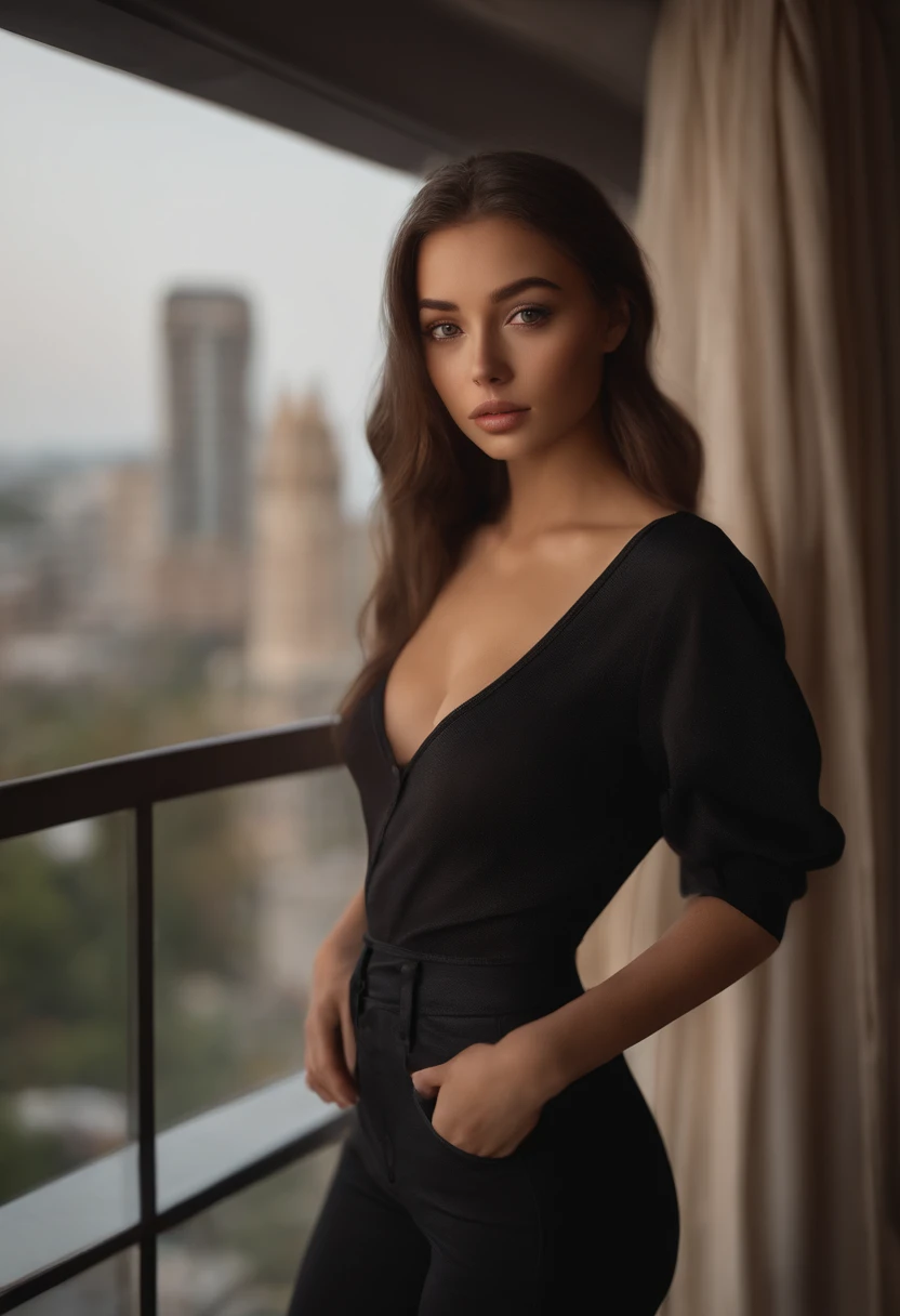arafed woman fully , sexy girl with brown eyes, ultra realistic, meticulously detailed, portrait sophie mudd, brown hair and large eyes, selfie of a young woman, bedroom eyes, violet myers, without makeup, natural makeup, looking directly at the camera, face with artgram, subtle makeup, stunning full body shot standing on balcony of high-rise building, large size bust