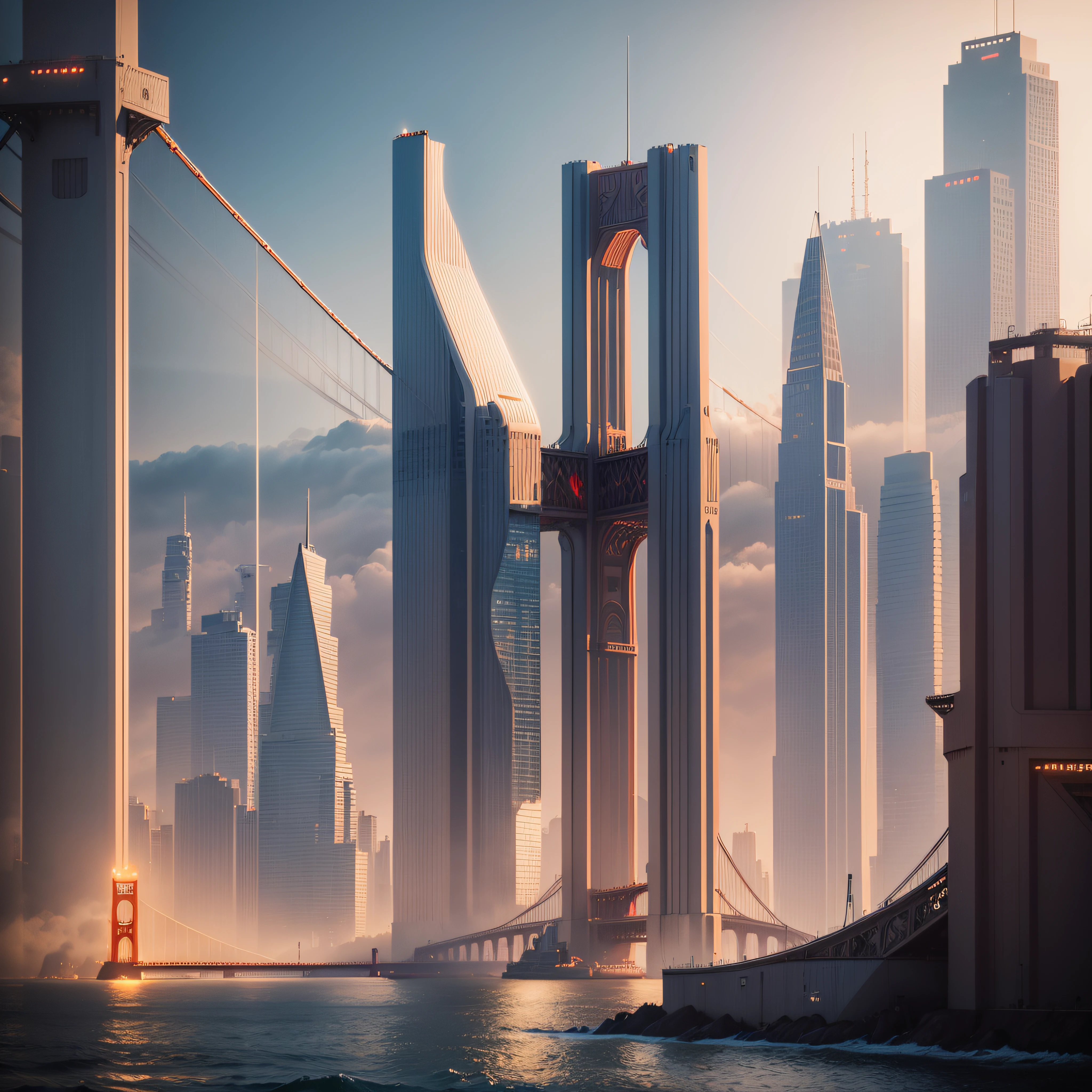 A space ship landing in San Francisco California Large UFO aliens coming out typical grays ready for contact of the first type, the golden gate bridge in the background 3 d render character art 8 k, octane trending on cgsociety, cyberpunk art ultrarealistic 8k, octane cgsociety, made in unreal engine 5, (best quality,ultra - detailed, Illustration,Best shadow,masterpiece,A high resolution,professional artwork,famous artwork