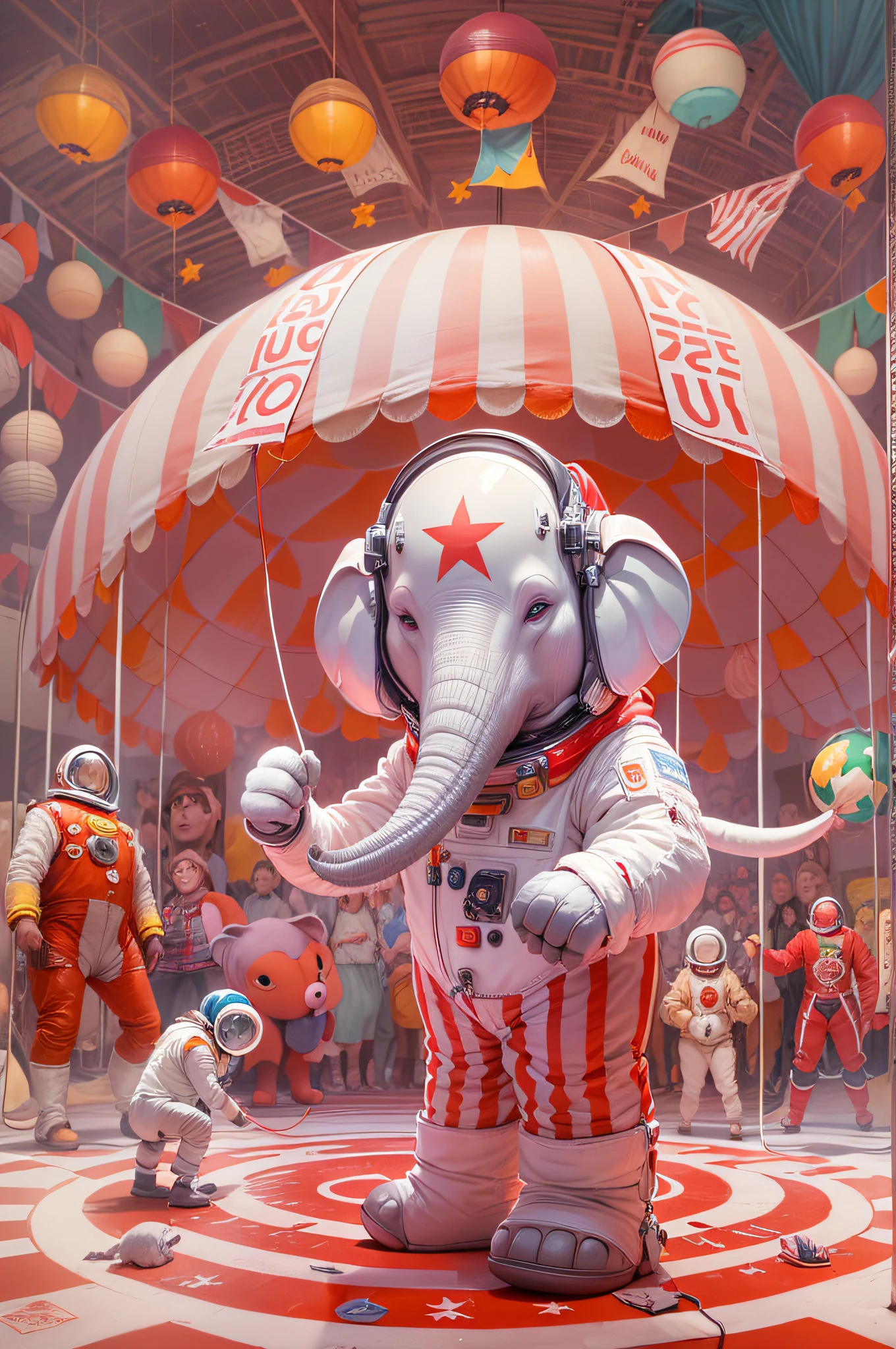 "((Best quality)), ((masterpiece)), ((dreamy)), ((colourful)), "Imagine a dreamy fantastical dreamscape where elephants show, elephants play with a detailed caricature cute spaceman is playing, big head short hands short legs short body, big round opaque helmet covered face, white space suit, wear big "red headphone", hands with red gloves, background is a circus, chaotic, fun, performance, circus canvas tent, spontaneous,
