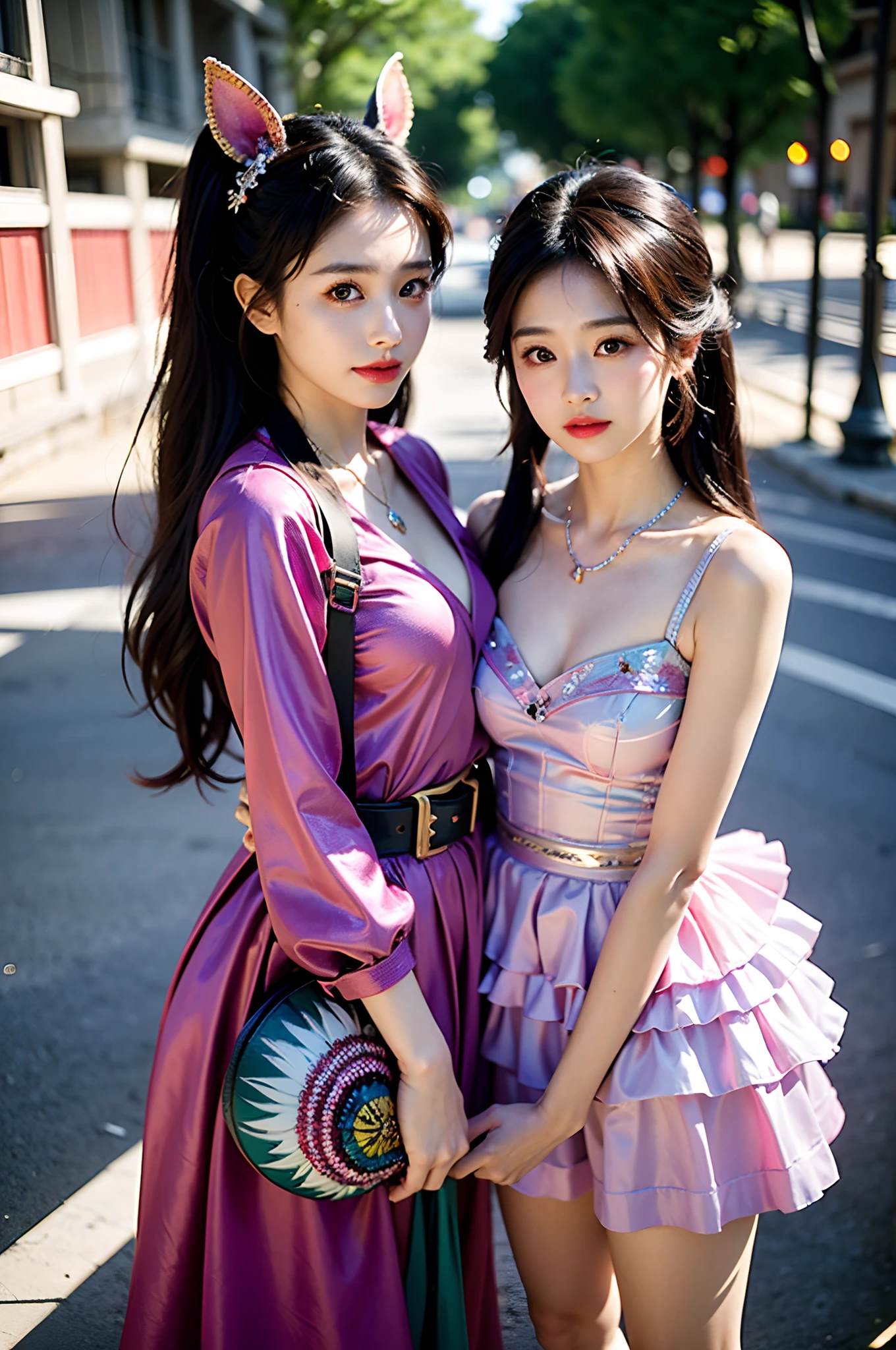 Best quality, Masterpiece, Extremely detailed, high resolution, 4K, 超高分辨率, Detailed shadows, Perfect light and shadow,duo, Two girls in trendy costumes taking selfies on the street, Fantasy world,colorful pigtail, anime cosplaying, Anime style mixed with Fujifilm, Cute, big laughter, , Sexy,(Alebriès Art Style),PureErosFace_V1,Urzang-6500-V1 Edition.1,fantastical outfit,The princess's eyes widened,Necklace of dreams,Fantastic ribbons,Dream rings,Fantastic jewelry,Fantastic hair accessory,Dream belt,Studio light,