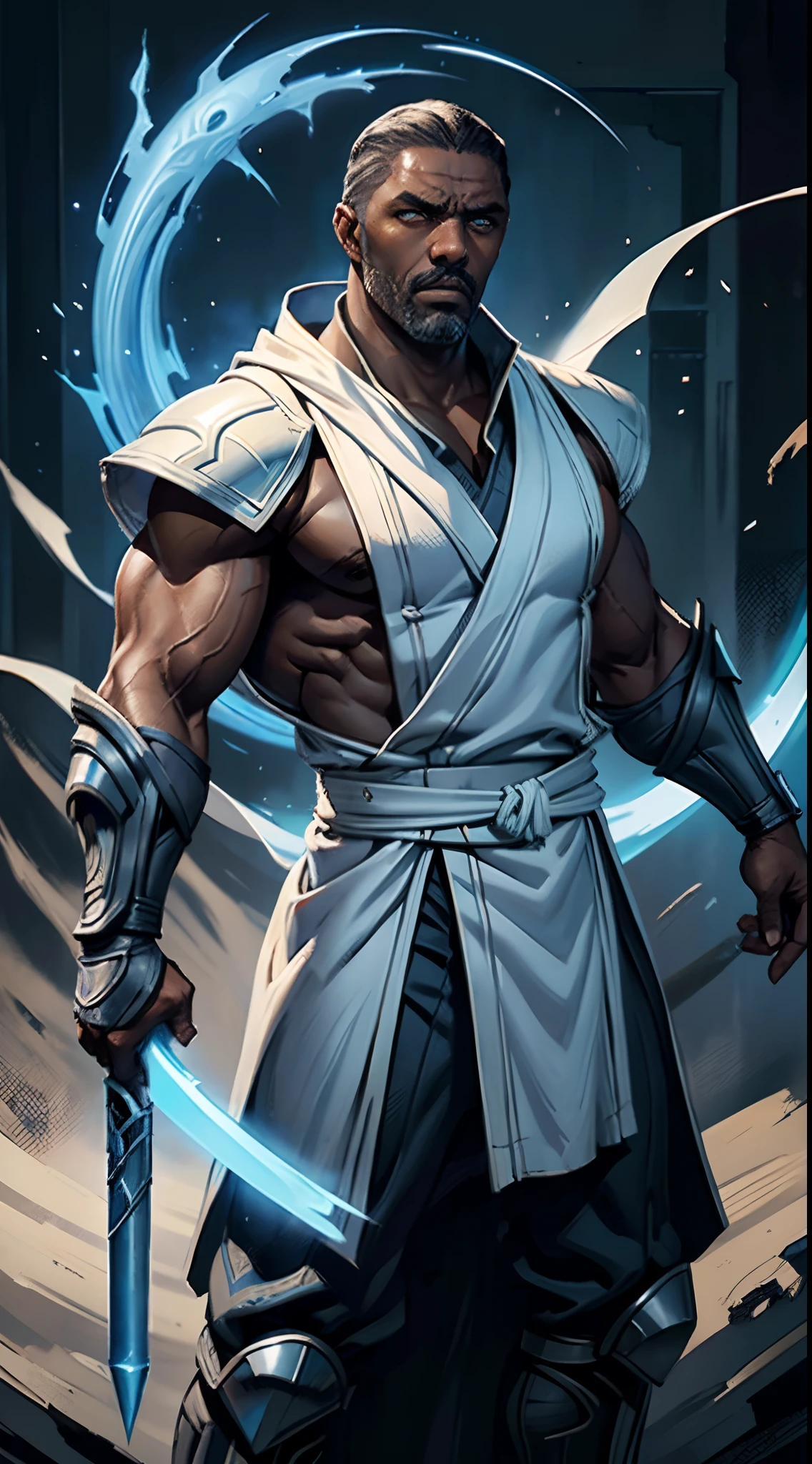 actor ((Idris Elba)) as Raiden, Mortal Kombat, wears white robe, a vietnamese hat, glowing blue eyes, wields staff, God of Thunder, protector of Earthrealm, intricate, high detail, sharp focus, dramatic, photorealistic painting art by greg rutkowski