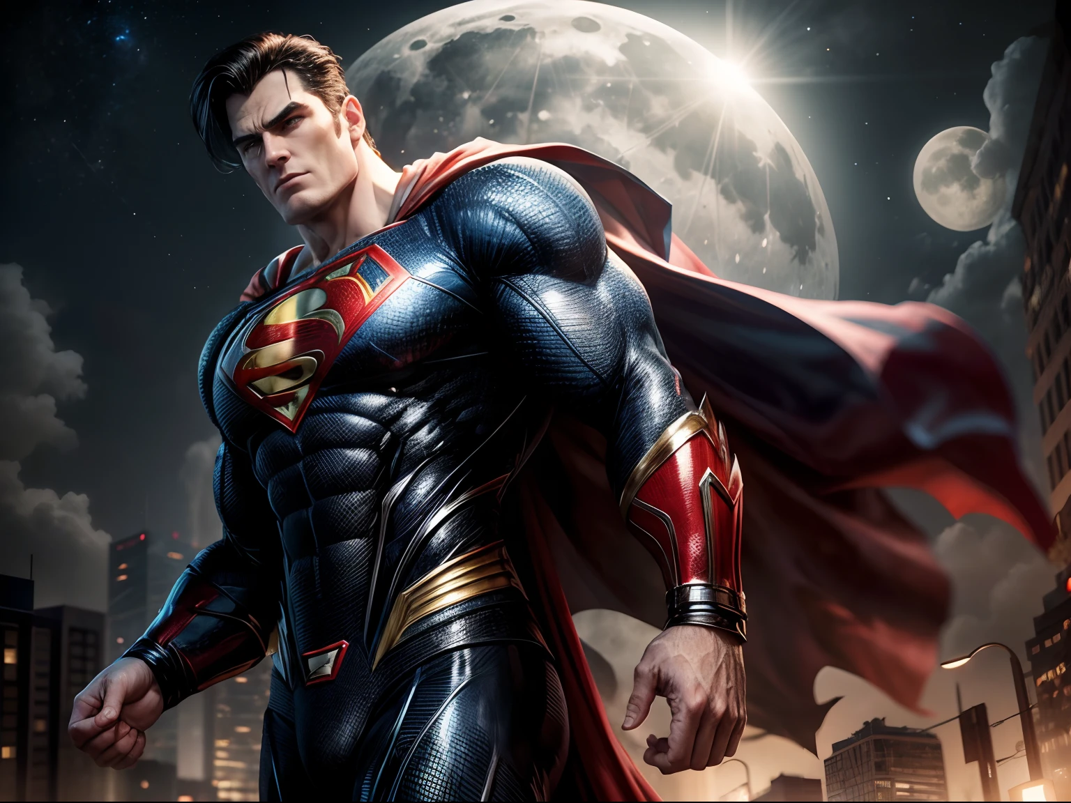 Close a powerful threat, Superman's imposing appearance, menacing stare, ricamente detalhado, Hiper realista, 3D-rendering, obra-prima, NVIDIA, RTX, ray-traced, Bokeh, Night sky with a huge and beautiful full moon, estrelas brilhando,