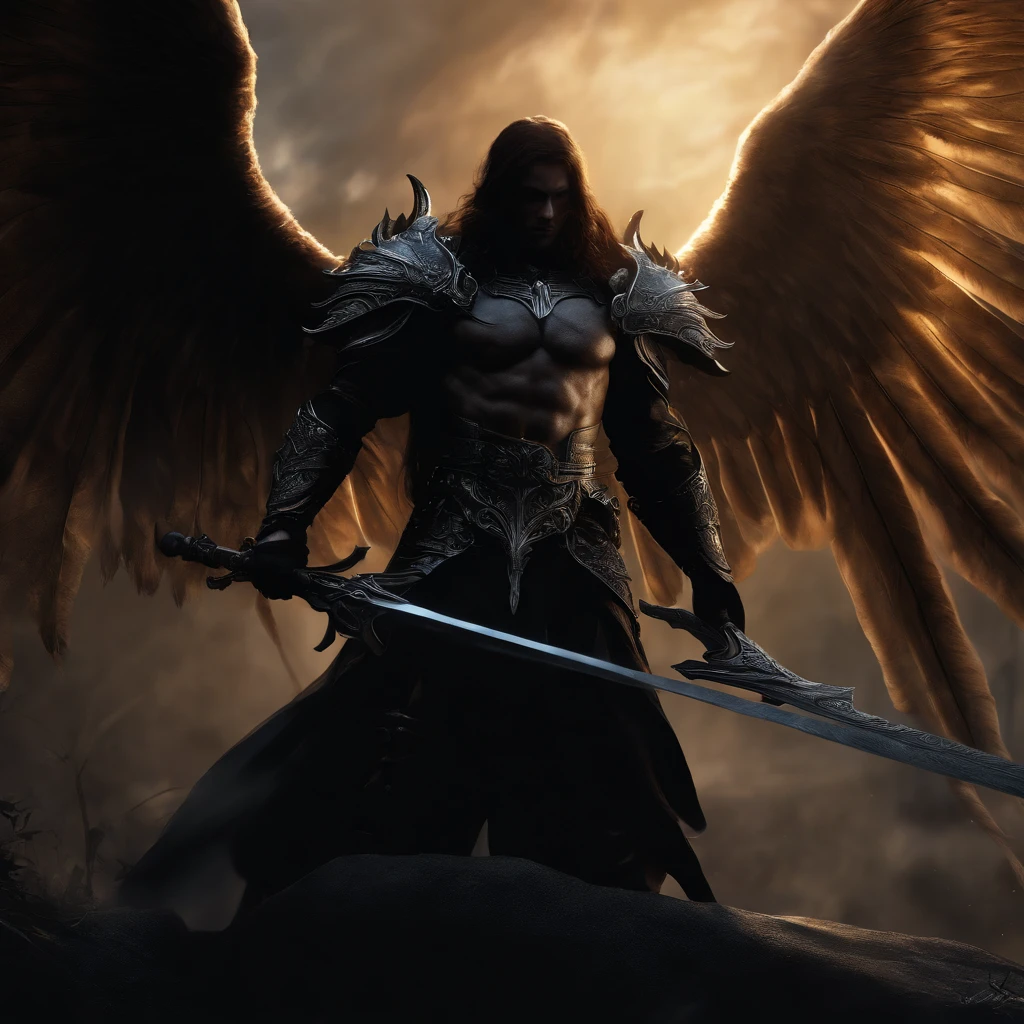 Lucifer fighting with god, briga de dois anjos, um deles tem cabelo curto preto, armadura escura, e outro com cabelo longos loiros vestindo branco.