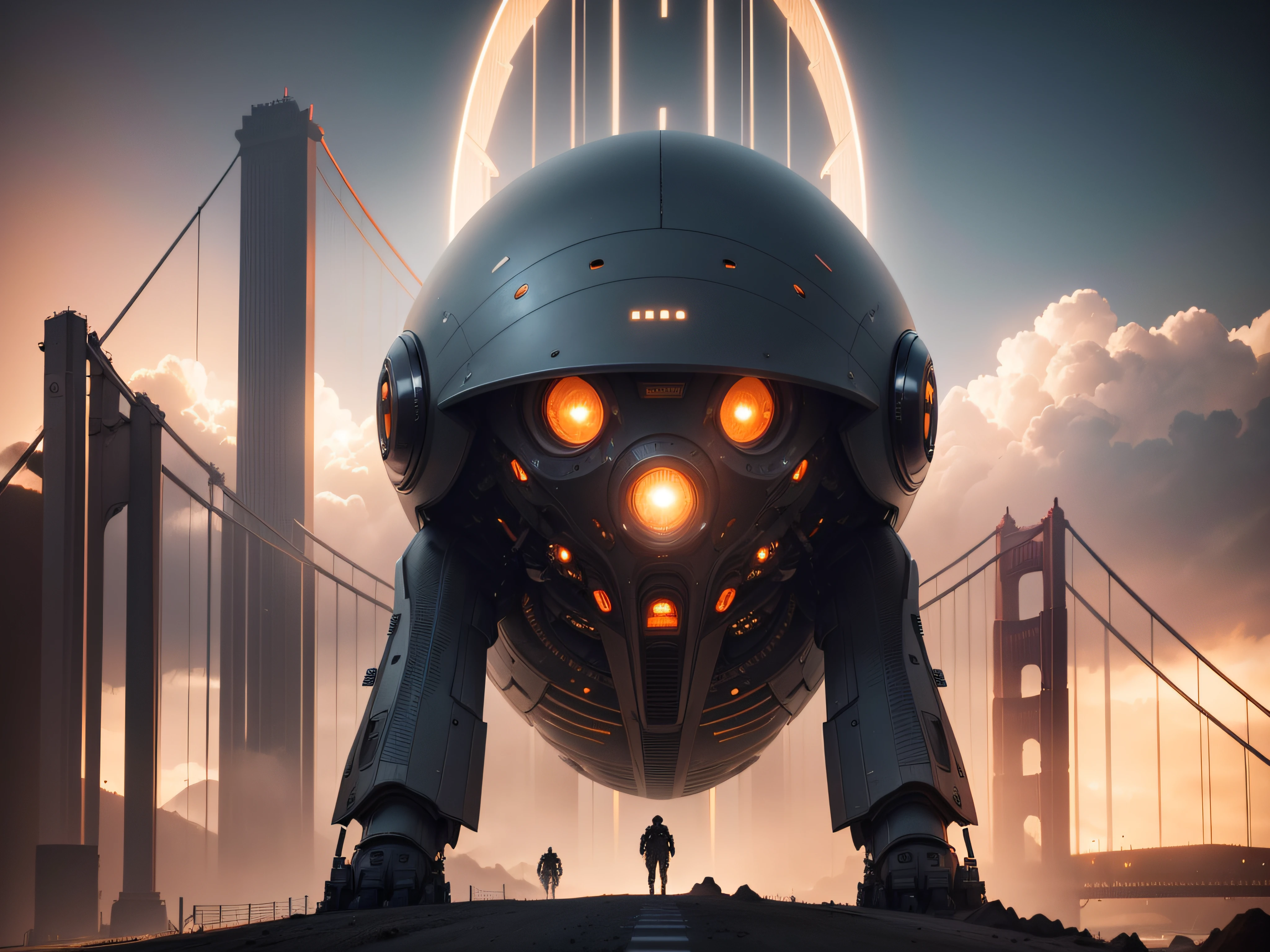 A space ship landing in San Francisco California Large UFO aliens coming out typical grays with big black eyes smal nose, ready for contact of the first type, the golden gate bridge in the background 3 d render character art 8 k, octane trending on cgsociety, cyberpunk art ultrarealistic 8k, octane cgsociety, made in unreal engine 5, (best quality,ultra - detailed, Illustration,Best shadow,masterpiece,A high resolution,professional artwork,famous artwork