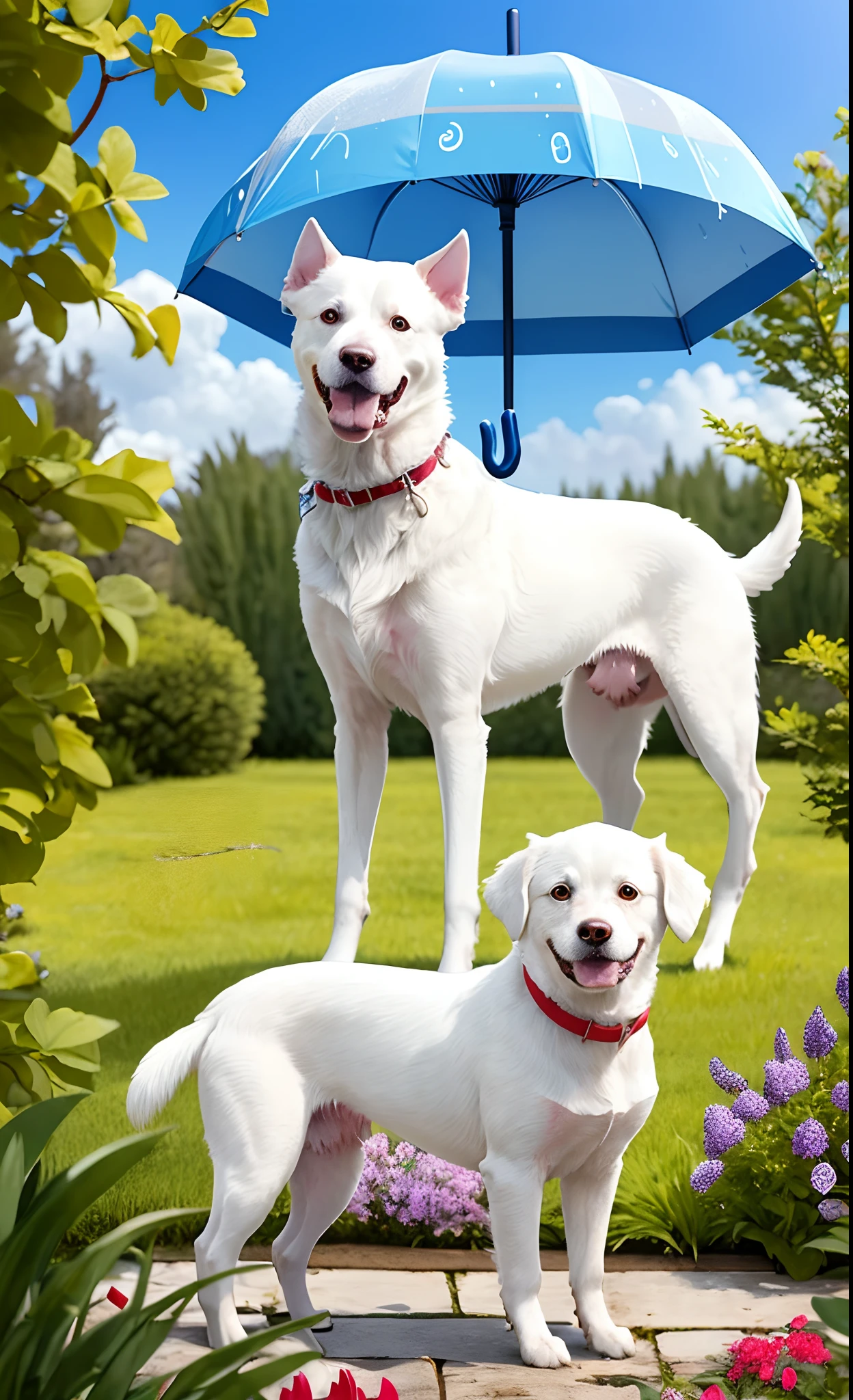 (carton) a cute white dog in the garden with a girl, the girl is using umbrella, and raining and see a rainbow in the sky, grass and flowers around them