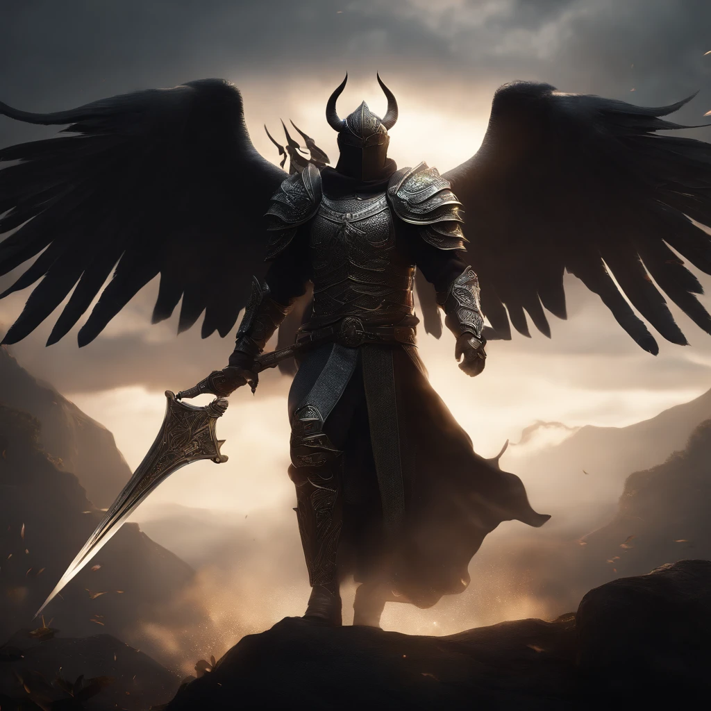 Best quality, Masterpiece, 超高分辨率, (photograph realistic:1.4),surrealism, Dream-like,fusionart, Shadowdancer, shadow magic, darkness control, arafed image of a male angel with a sword and a demon, epic fantasy digital art, Unreal Engine fantasy art, guildwar artwork, 4K fantasy art, Epic fantasy art style HD, fantasy epic digital art, Shadows. alta fantasia, epic fantasy game art, epic fantasy artwork, medieval fantasy game art, loadscreen”, 8K fantasy art , ultra-realistic, hyper-realistic, ultra-detailed, hyper-detailed