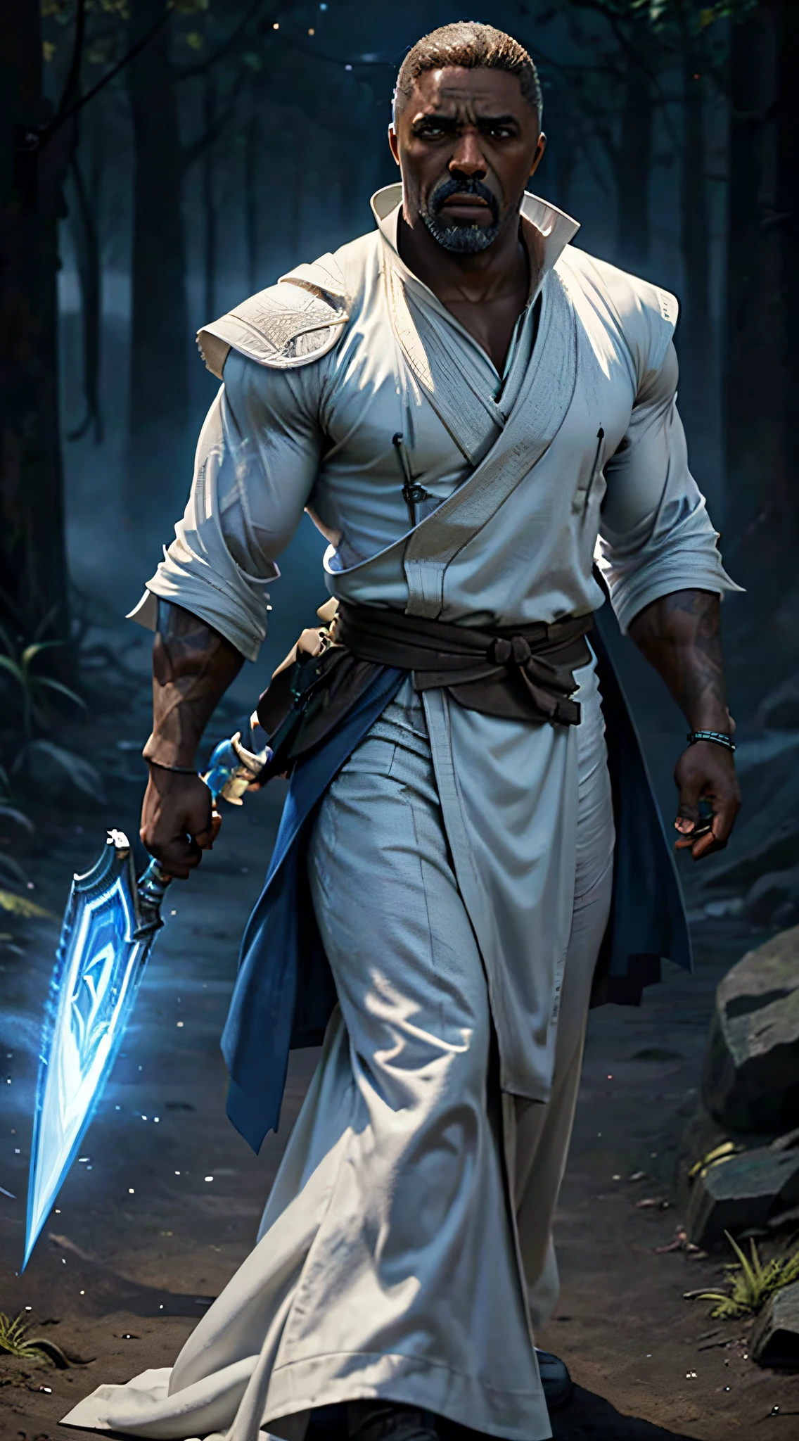 actor ((Idris Elba)) as Raiden, Mortal Kombat, wears white robe, a vietnamese hat, glowing blue eyes, wields staff, God of Thunder, protector of Earthrealm, intricate, high detail, sharp focus, dramatic, photorealistic painting art by greg rutkowski