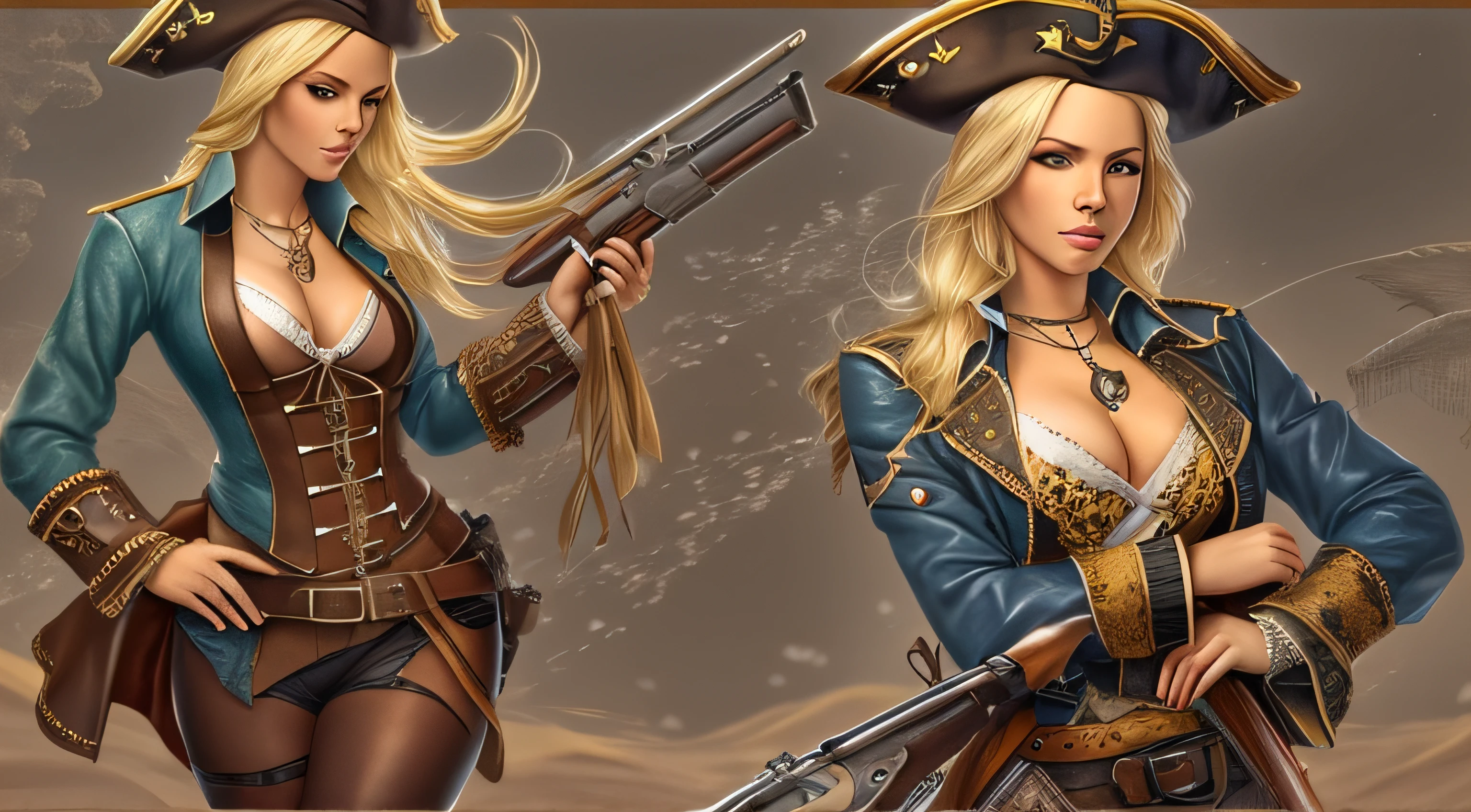 sexy blonde pirate ,blue eyes , young , flintlock pistol in hand , galleon , sea ,sexy brown and leather outfit