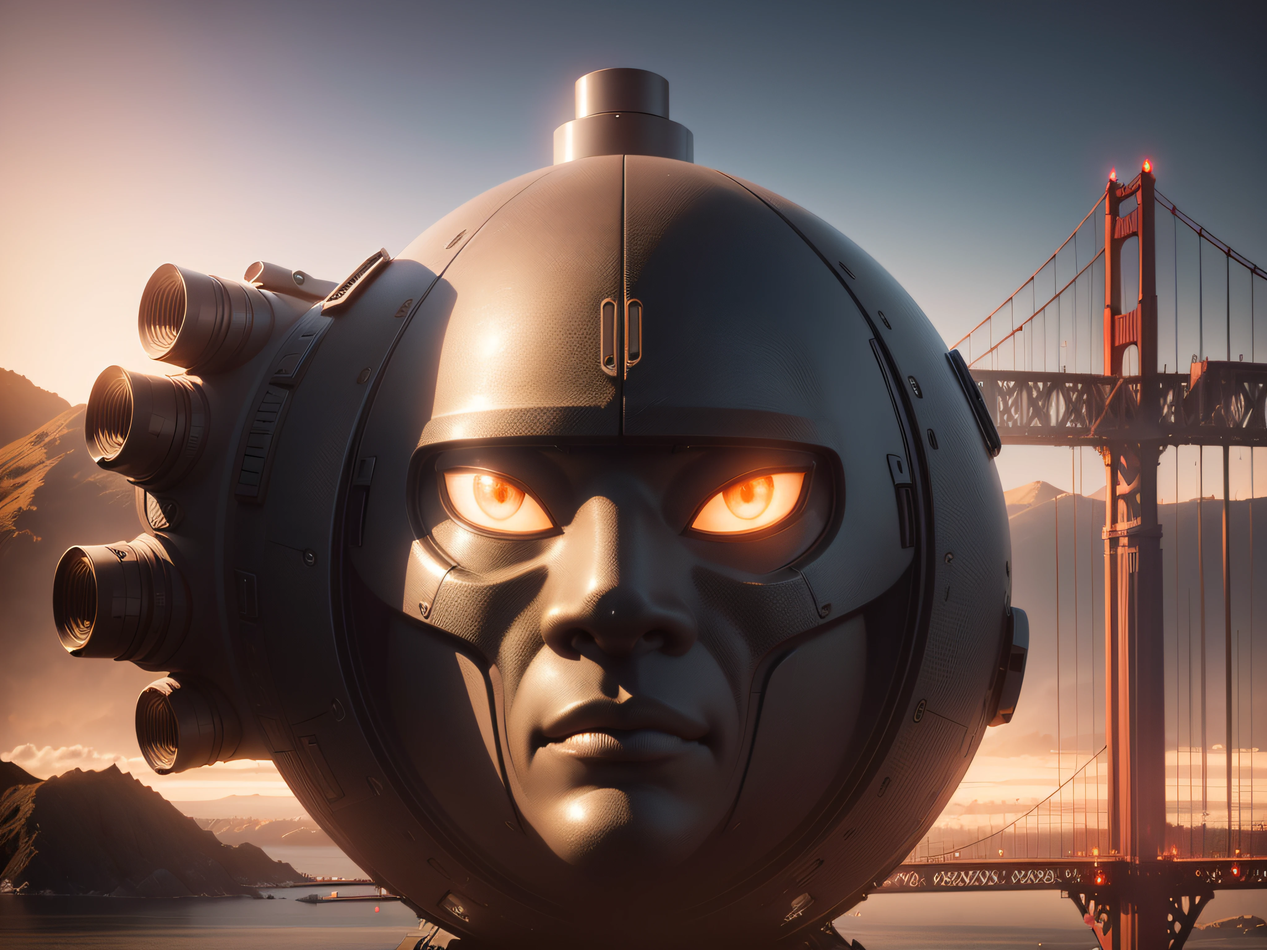 A space ship landing in San Francisco California Large UFO aliens coming out typical grays with big black eyes smal nose, ready for contact of the first type, the golden gate bridge in the background 3 d render character art 8 k, octane trending on cgsociety, cyberpunk art ultrarealistic 8k, octane cgsociety, made in unreal engine 5, (best quality，ultra - detailed, Illustration，Best shadow，masterpiece，A high resolution，professional artwork，famous artwork