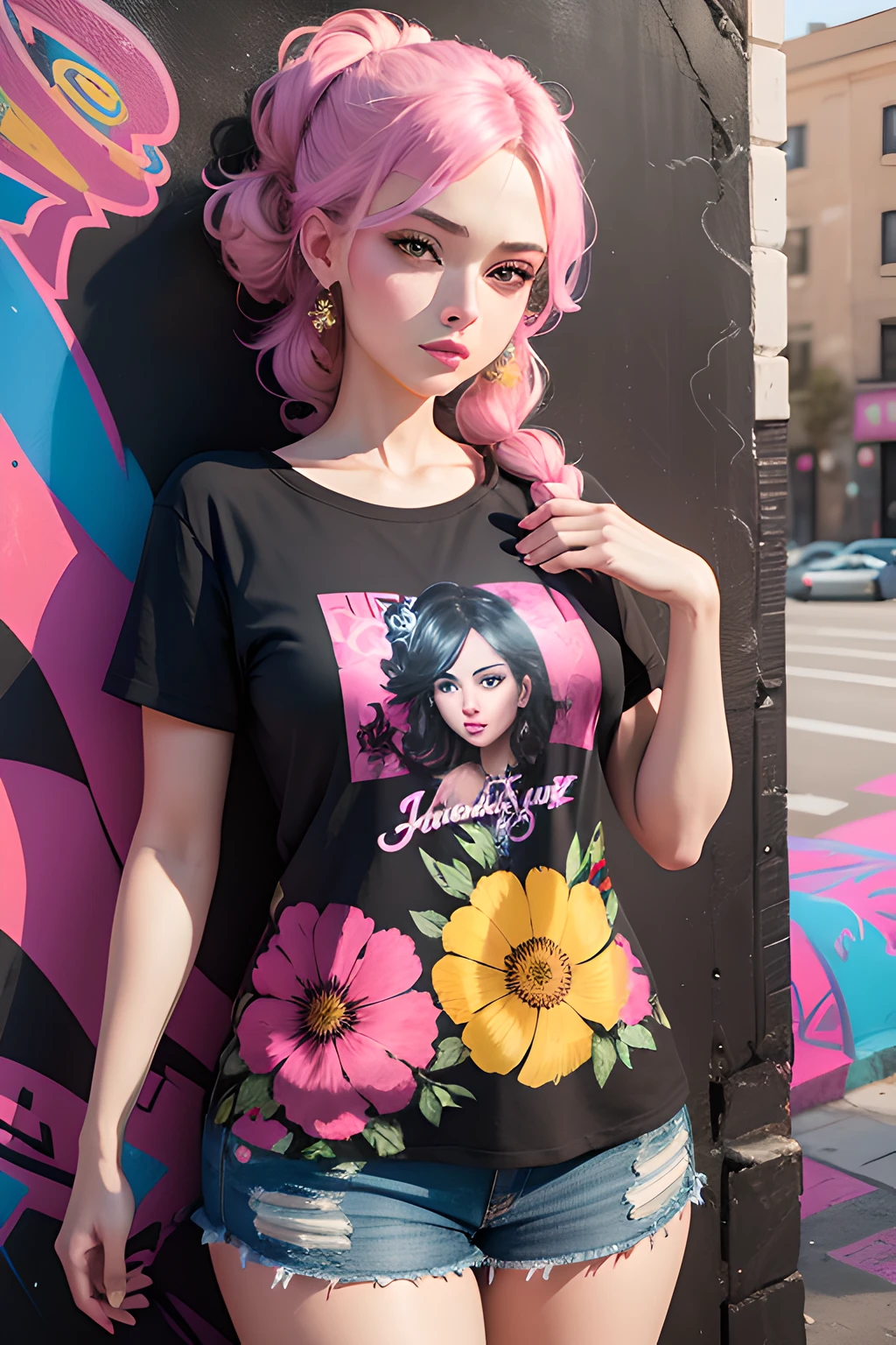 A stunningly elegant lady, standing in front of a vibrant graffiti-covered wall, playfully reveals her t-shirt adorned with a whimsical floral design that bursts with vivid colors and intricate details. The scene exudes a sense of urban sophistication and creativity, captured with a vibrant and dynamic lens by renowned street photographer, Banksy.