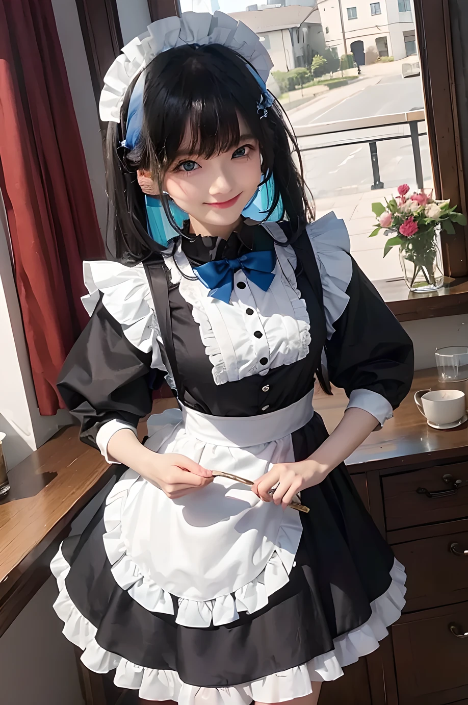 white skin, black hair and mullet style, use maid costume, blue eyes dan cute smile