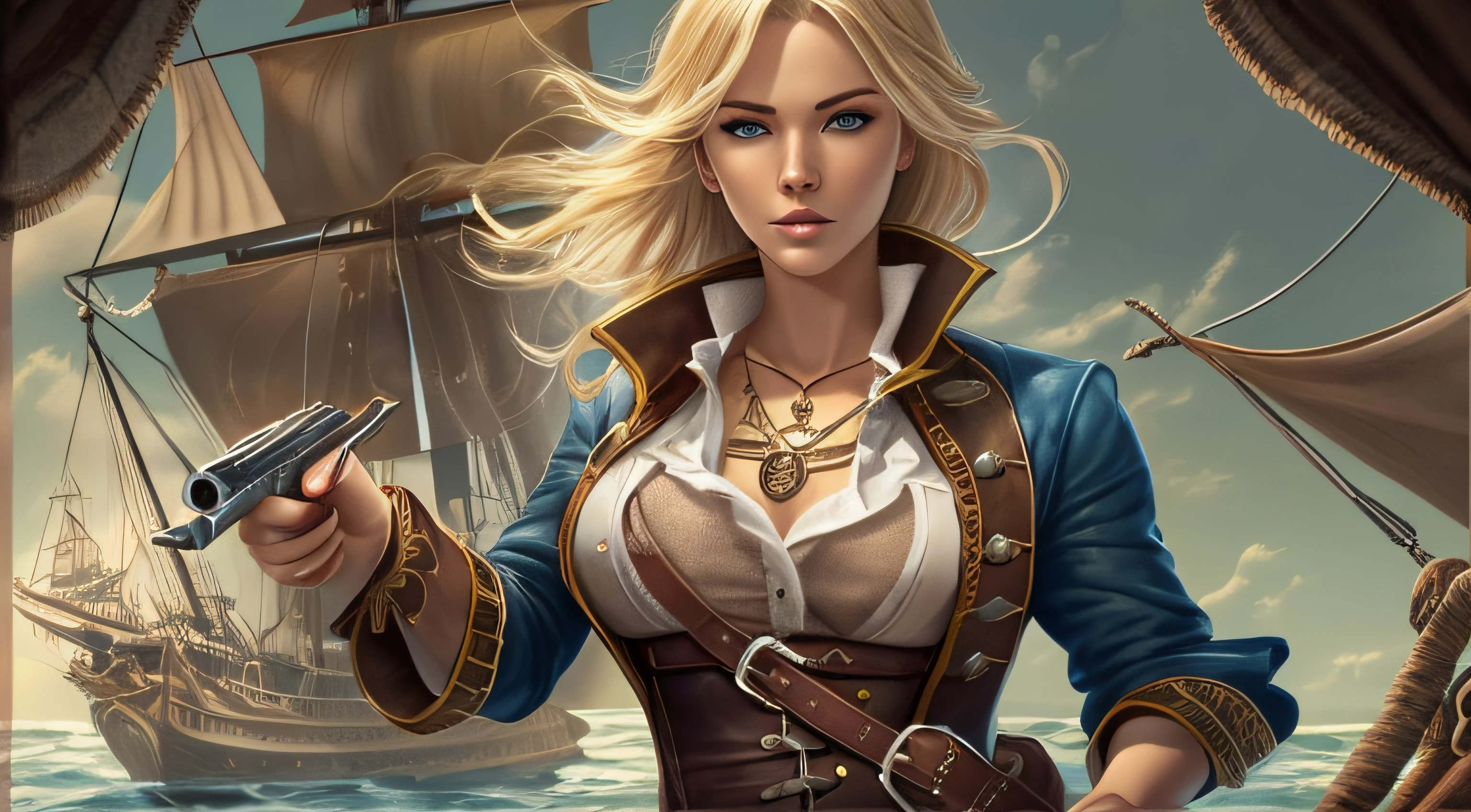 sexy blonde pirate ,blue eyes , young , flintlock pistol in hand , galleon , sea ,sexy brown and leather outfit