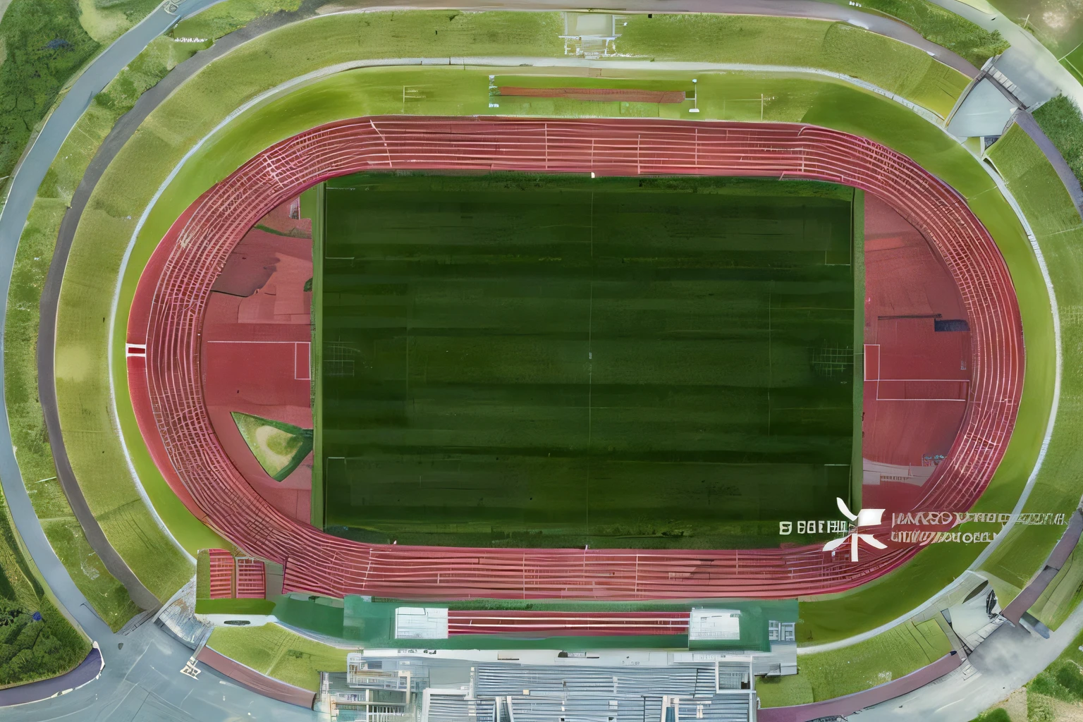 Aerial view of a football field with green and red fields, stadium setting, Drone track, Stadium, soccer court, shot from 5 0 feet distance, stadium landscape, viewed from bird's-eye, wide aerial shot, Art Deco Stadium, shot from drone, arial shot, drone view, high aerial shot, Stadium clips, wide angle shot from above