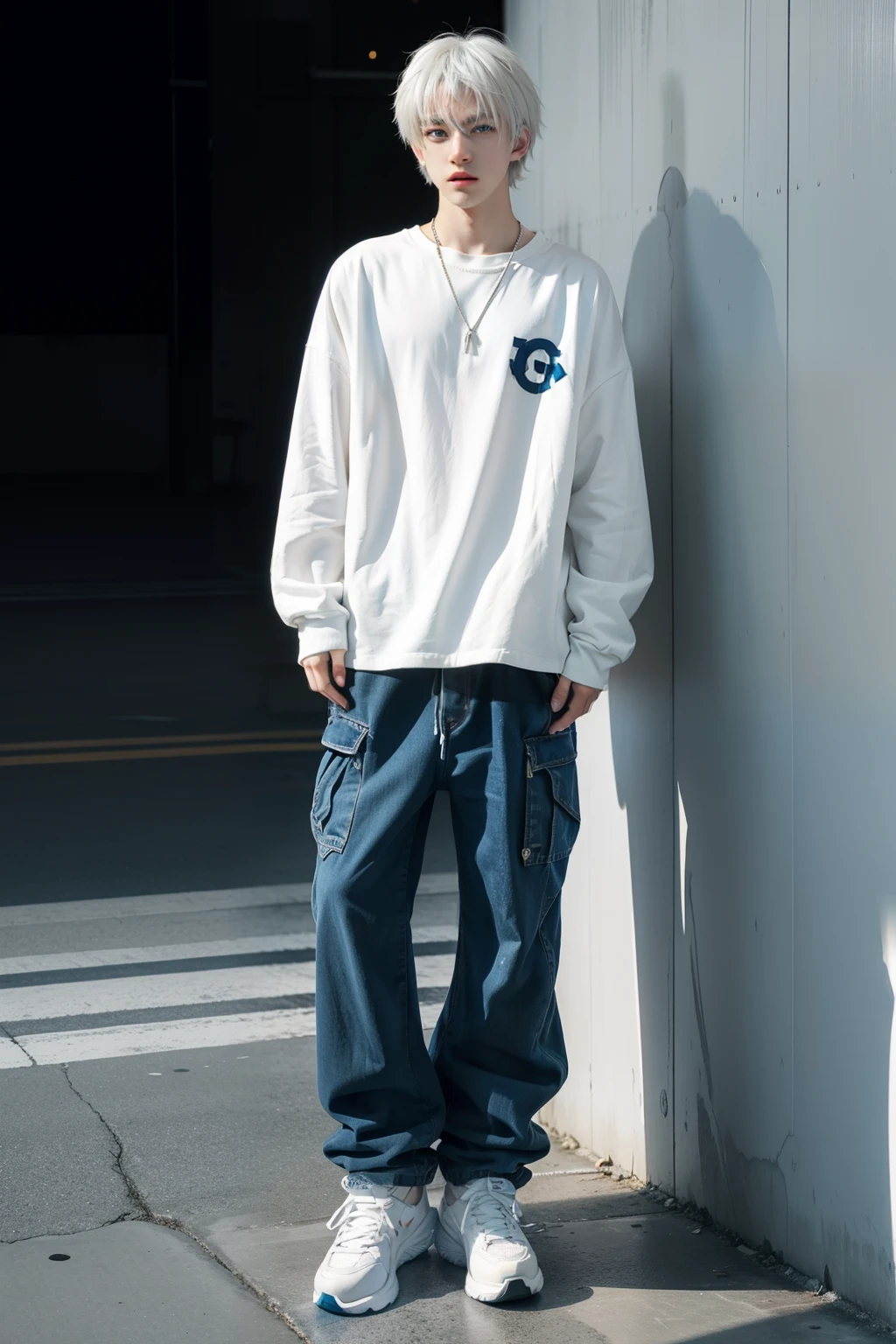 1boy,Scattered white hair, bright blue eyes, baggy clothes, anime style
