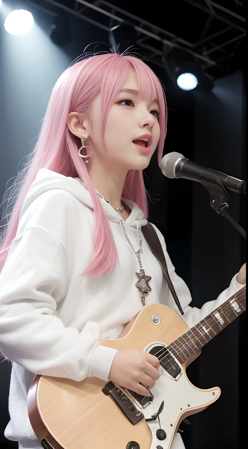 (masutepiece:1.3, Best Quality, Photorealistic, Ultra-detailed, Finely detailed, High resolution, Close-up 8K Wallpaper), 1 beautiful girl, Band Group Vocals, In a white hoodie, Singing a song on an electric guitar, Stand Microphone, Mouth open, Beautiful face, Detailed face, Beautiful eyes, Detailed eyes, Looks fun、Smiling, earrings, Necklace, Detailed guitar, (Straight guitar neck and strings), Medium length pink hair, on a stage, Spotlight, Look at the viewer、small tits