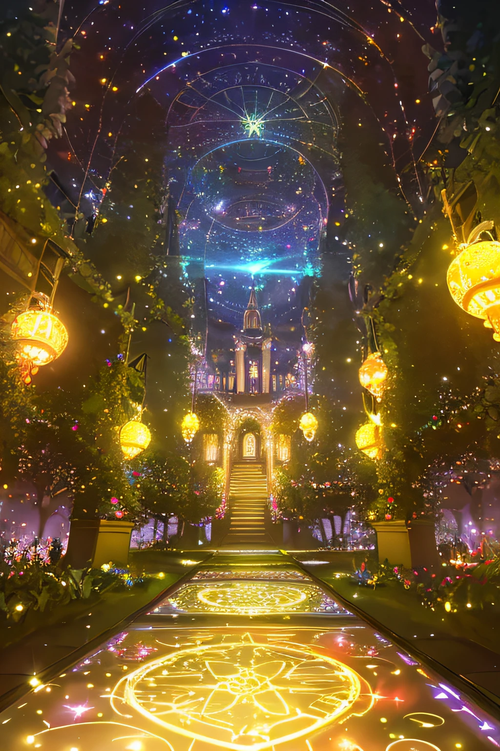 labyrinth, fireflies, festive atmosphere, no people, no animals, illustrative style, glowing lights, vibrant colors, magical, enchanting, intricate paths, flickering, ethereal, immersive, joyful, celebration, mysterious, enchantment, whimsical, captivating, fantasy, mesmerizing, shimmering, radiant, bewitching, splendid, dazzling, extravagant, elaborate, immersive perspective, dreamlike, atmospheric glow, intricate details, vibrant hues, magical ambience, delicate wings, floating lights, whimsical patterns, enchanting glow, intricate maze, firefly trails, ethereal beauty, hidden corners, glowing swarm, captivating spectacle, flickering pathways, vibrant energy, festive mood, spellbinding experience. (best quality, high-res:1.2), bokeh, studio lighting, vivid colors, surreal illumination.