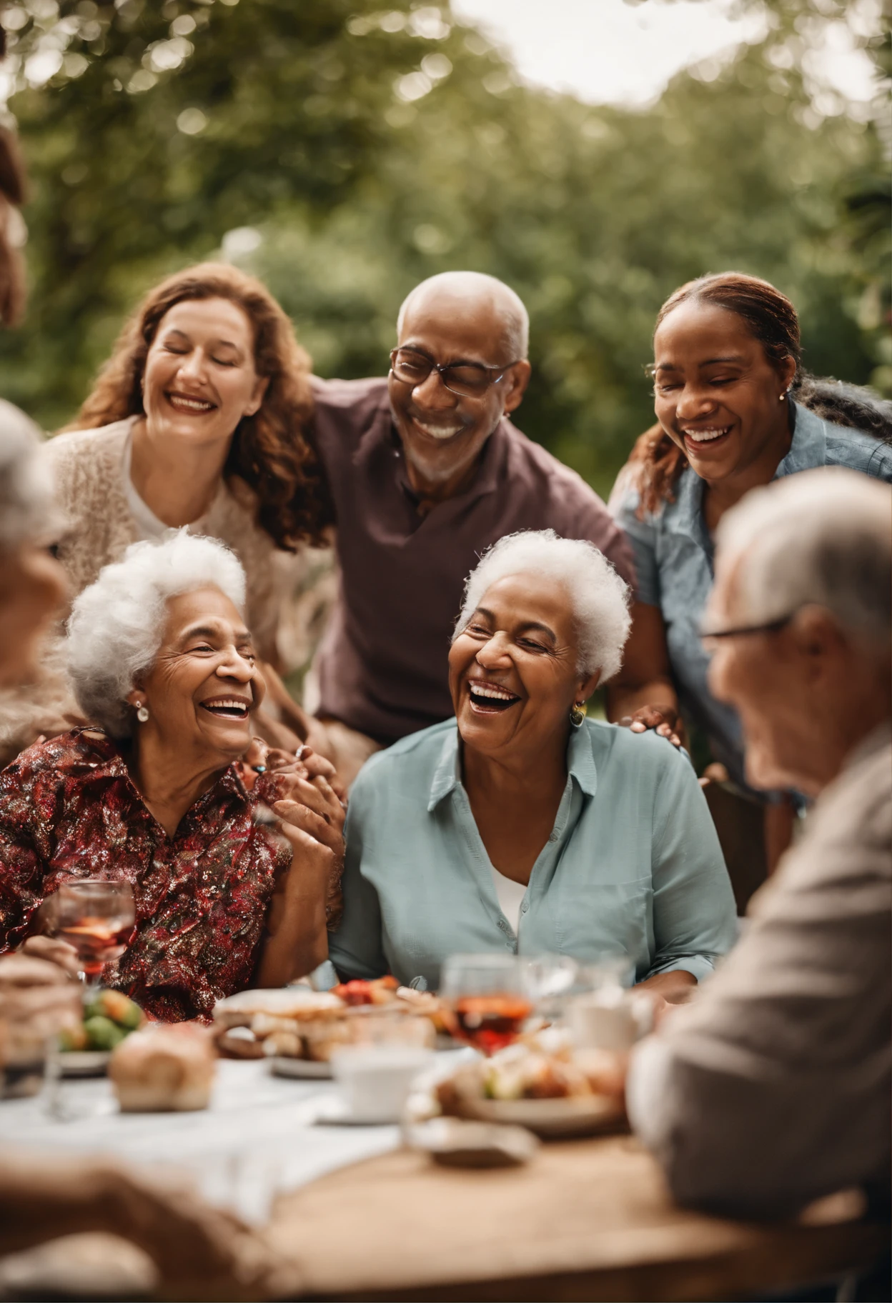 (best quality,8k),(realistic:1.37),group of disabled individuals and senior citizens laughing and sharing stories at a table,inclusive social event,happy atmosphere,warm lighting,heartwarming scene,diverse group of people,joyful expressions,engaging conversation,meaningful connections,positive emotions,intergenerational gathering,community bonding,inspiring moments,respectful interaction,lively ambiance,friendly faces,inclusive environment,unforgettable memories,celebrating diversity,unconditional support,empathy and compassion,creating lasting friendships,uplifting spirit,capturing the beauty of human connection,celebrating life,includes wheelchair users and elderly individuals,enjoying each other's company,nurturing relationships,creating a sense of belonging,positive impact on mental well-being,age-friendly atmosphere,spreading happiness,interacting with compassion,detailed facial expressions,sparkling eyes,bright smiles,colorful outfits,happy tears of laughter,generating warmth and positivity,vivid colors of love and joy,beautifully captured moments,memorable stories shared,highlighting the importance of inclusivity and diversity.