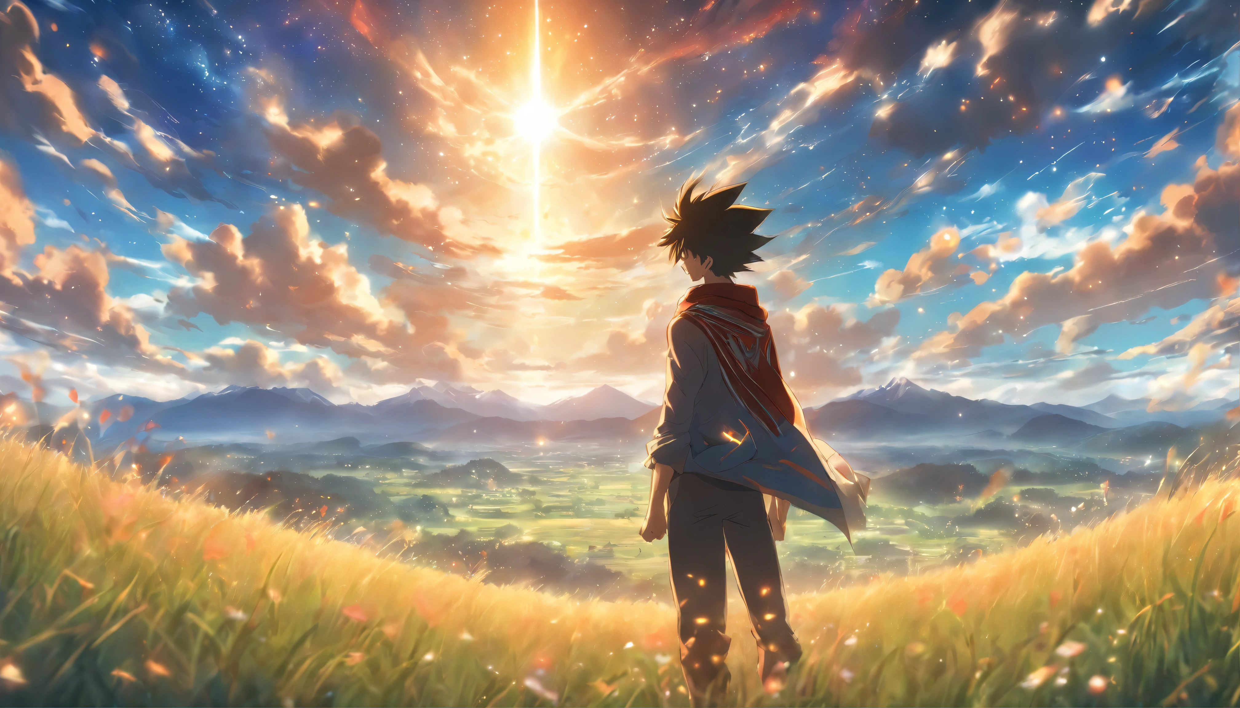 A young man standing on an open grassland, with sunlight shining through the clouds and casting a blurry shadow on him. He looks at the distant mountains with a mix of confusion and excitement in his eyes.,in the style of the stars art group xing xing, 32k, best quality, masterpiece, super detail, high details