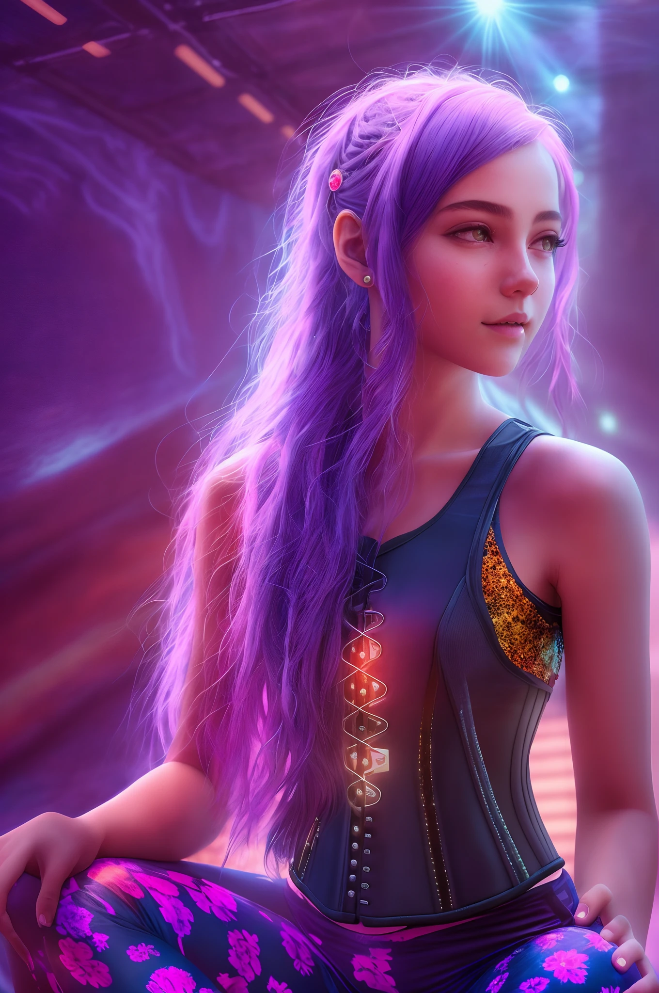 Realistic girl, , vivid, colorful hair, alien,jogging,Yoga pants for,Sports corset,rays of sunshine,mirth,(Raw photo:1.2),((Photorealistic:1.4))Best Quality ,masutepiece, Illustration, extremely delicate and beautiful, Extremely detailed ,Unity ,8K Wallpaper,