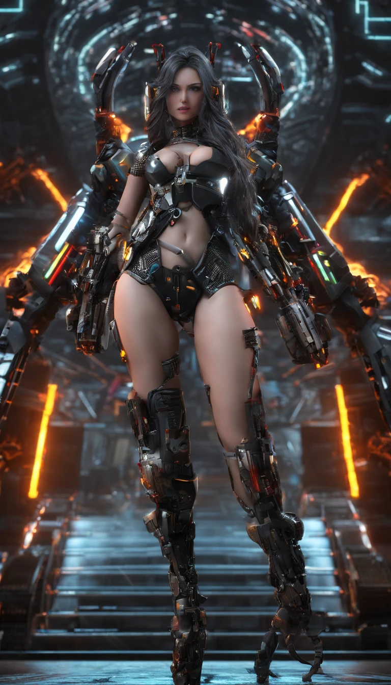 Incredibly strong muscular woman, Fire effect super long hair dragged on the ground, Exquisite and perfect facial features, Huge size, Broad muscular shoulders, huge boob, Protruding abdominal muscles, Especially the huge buttocks, Super thick muscle legs, Two-meter-long legs, Wide crotch,Exaggerated body proportions, Cool combat boots, The rump has nine long dragon tails, Gorgeous high heels,Bare skin clothing, Full body photo from head to toe, Light particles, Ultra HD 4K, Ultra-detailed, Realistic:1.37, Vivid colors, Studio lighting, Physically-based rendering, Extreme detail description
