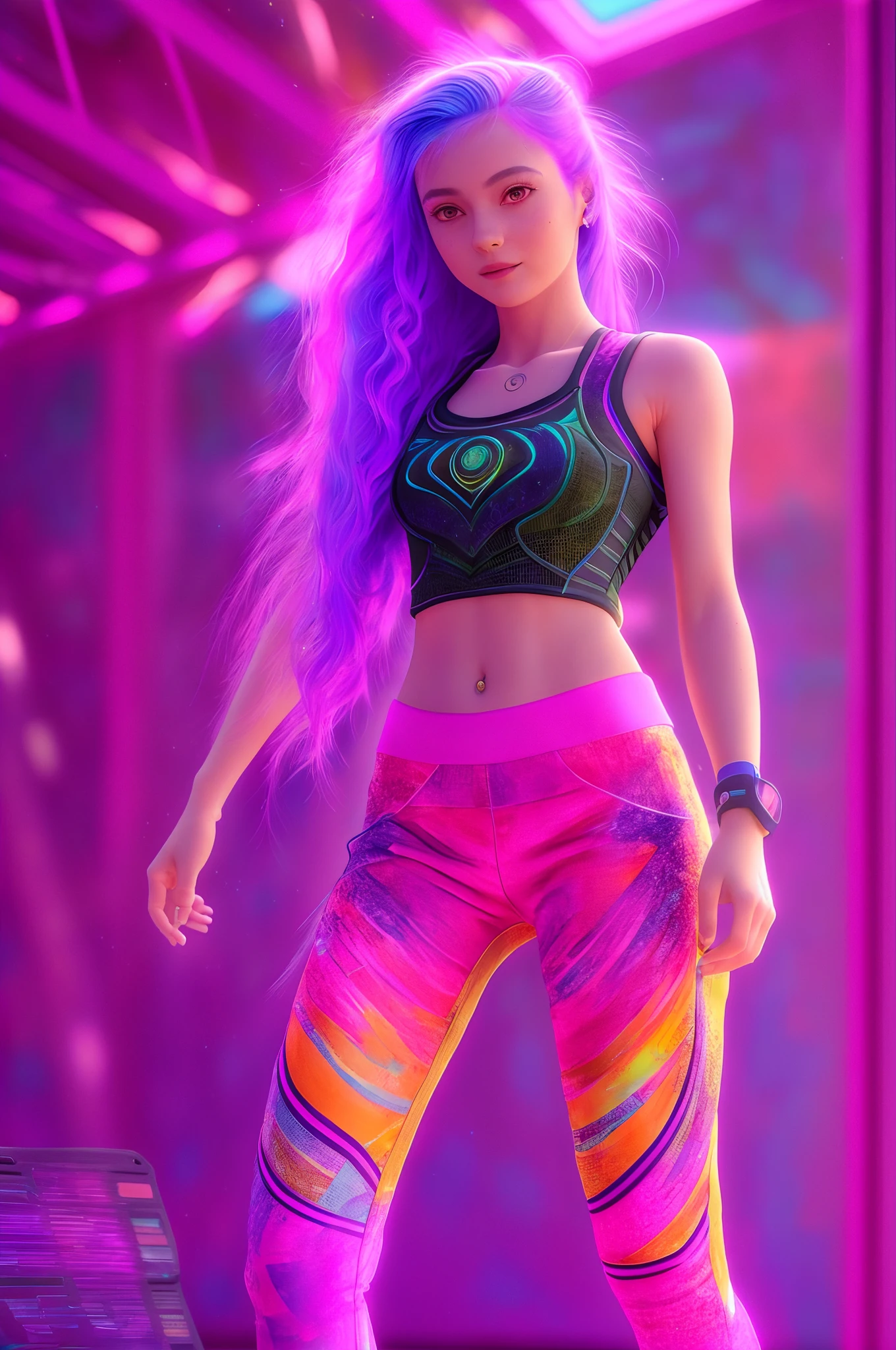 Realistic girl, , vivid, colorful hair, alien,jogging,Yoga pants for,Sports corset,rays of sunshine,mirth,(Raw photo:1.2),((Photorealistic:1.4))Best Quality ,masutepiece, Illustration, extremely delicate and beautiful, Extremely detailed ,Unity ,8K Wallpaper,