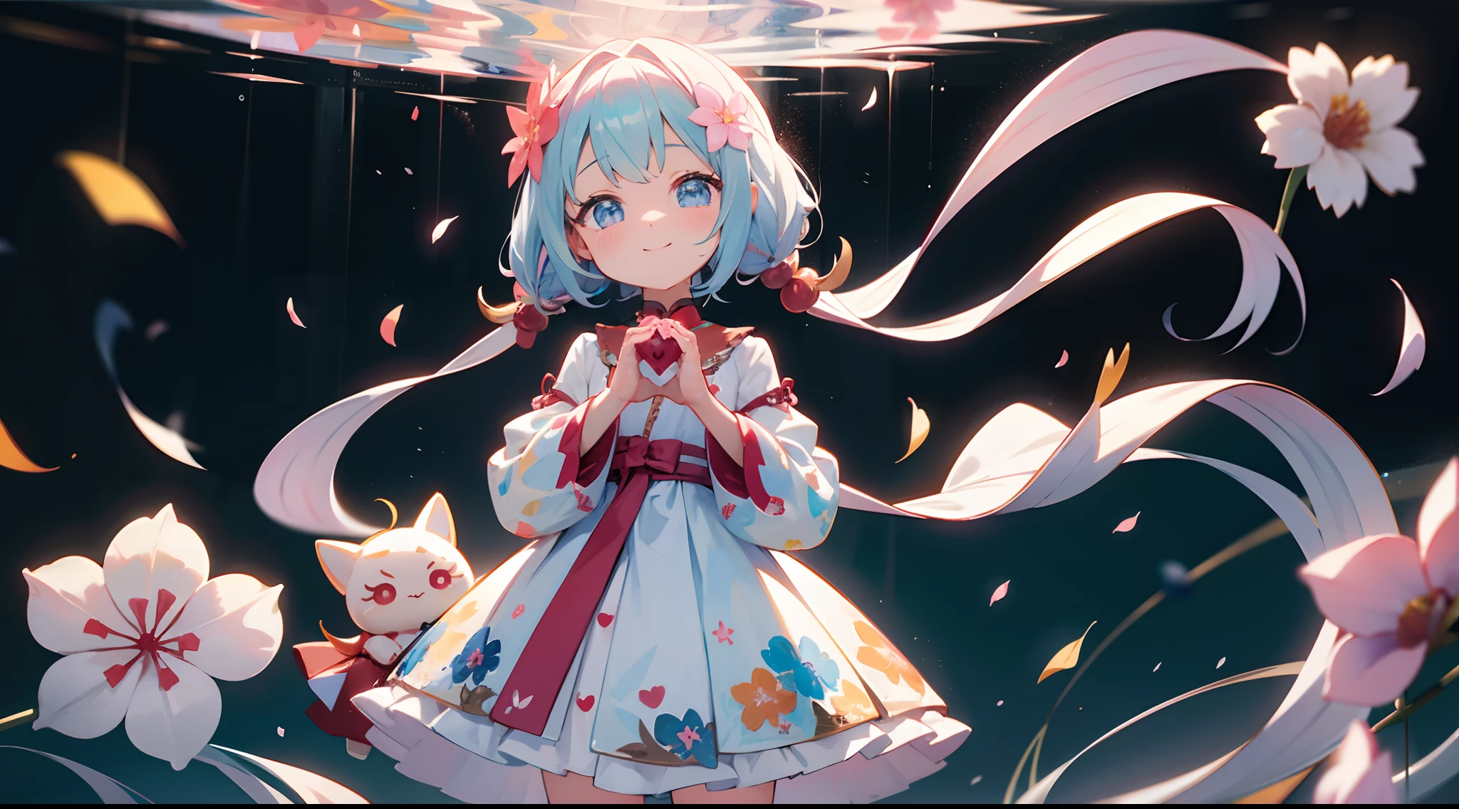 photoRealstic、Doll standing in front of the painting(nendroid)、A smile、Water droplets on the cheeks、In a cute pose、watercolor Nendoroid、(High Definition Figure)、Flowing iridescent silk、up of face、Eye Up、Colorcon with heart pattern、Floral dress、Making a heart with both hands、There are also flowers in front of the nendroids、flower petals、season!!: 夏天☀ 🍂