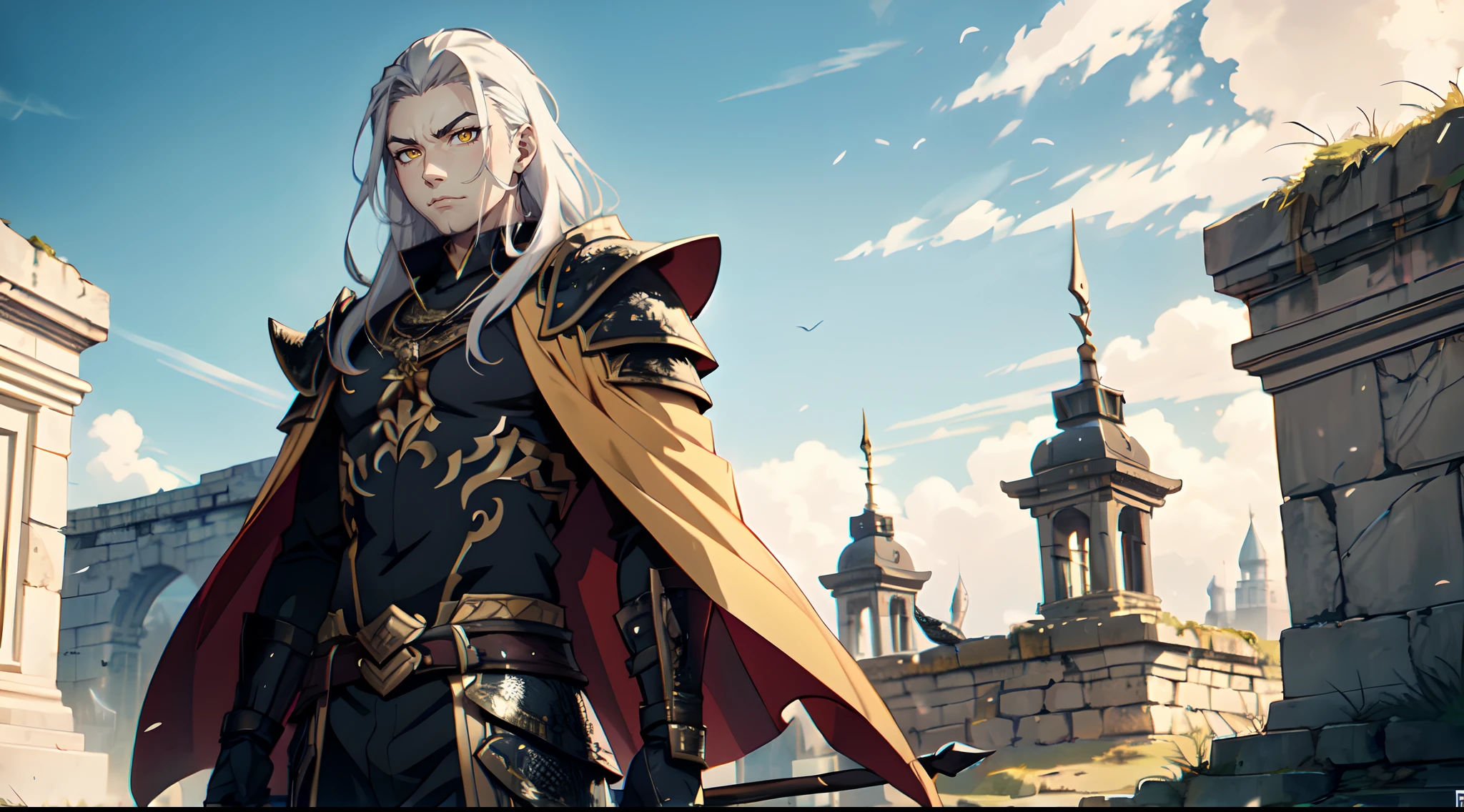 1 Boy, Xin From Kingdom Anime, Armored With Pure Black Warlord Armor With A Cape, Ultra High Definition, 8k, Handsome, Black And Yellow Pupil Eyes, Long White Hair, Ancient Kingdom Background, Extremely Detailed, Holding A Long Spear, Body To Leg Body Shot,