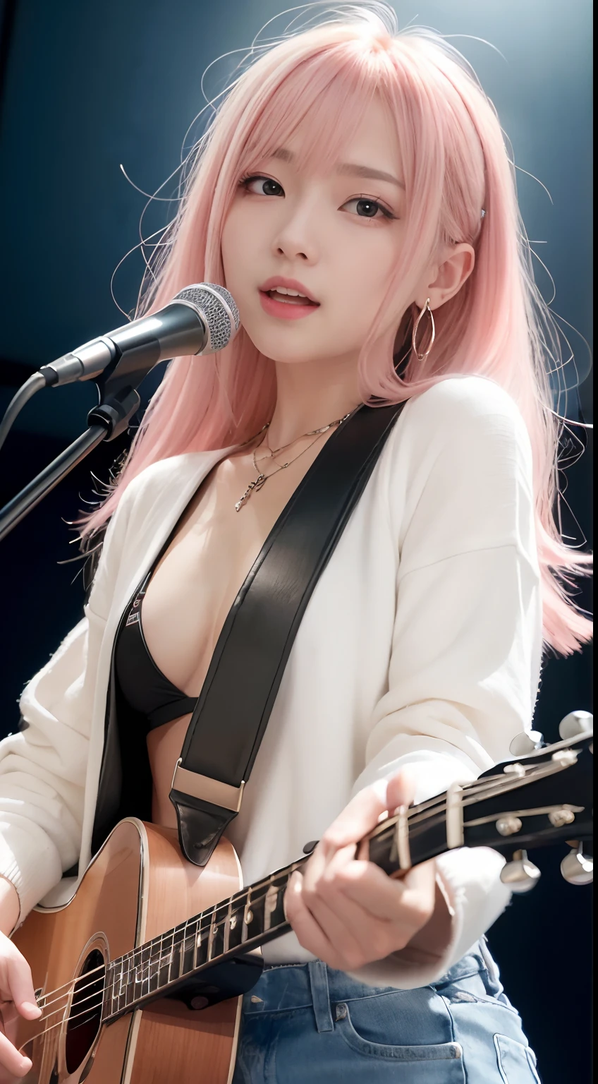 (masutepiece:1.3, Best Quality, Photorealistic, Ultra-detailed, Finely detailed, High resolution, 8K Wallpaper), 1 beautiful girl, Band Group Vocals, In a white hoodie, Singing a song on an electric guitar, Stand Microphone, Mouth open, Beautiful face, Detailed face, Beautiful eyes, Detailed eyes, Looks fun、Smiling, earrings, Necklace, Detailed guitar, (Straight guitar neck and strings), Medium length pink hair, on a stage, Spotlight, Look at the viewer、small 