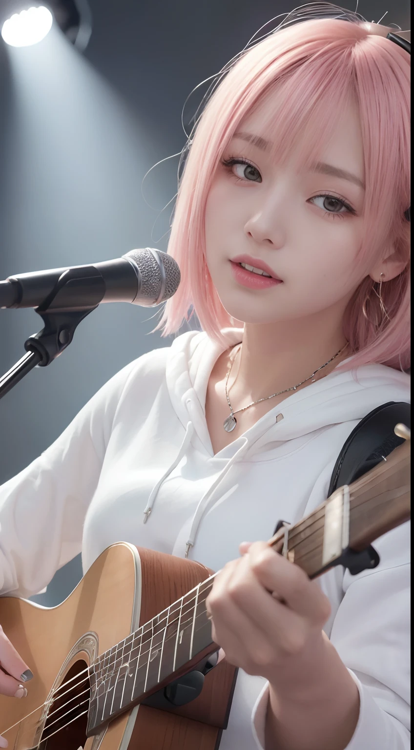 (masutepiece:1.3, Best Quality, Photorealistic, Ultra-detailed, Finely detailed, High resolution, 8K Wallpaper), 1 beautiful girl, Band Group Vocals, In a white hoodie, Singing a song on an electric guitar, Stand Microphone, Mouth open, Beautiful face, Detailed face, Beautiful eyes, Detailed eyes, Looks fun、Smiling, earrings, Necklace, Detailed guitar, (Straight guitar neck and strings), Medium length pink hair, on a stage, Spotlight, Look at the viewer、small tits