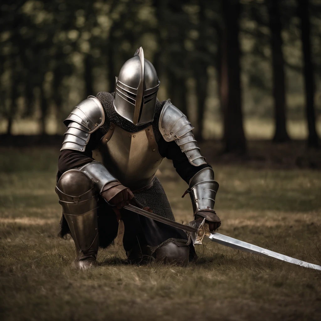 The Last Defender, in the middle of the war, Knight kneeling with the sword, 35mm F/28, hyper-detailed whole body shot of a warrior with a big sword and armor, aesthetic body, head down, face down, High-detailed, ultra-realistic, hyper-realistic, ultra-detailed, hyper-detailed, --v5